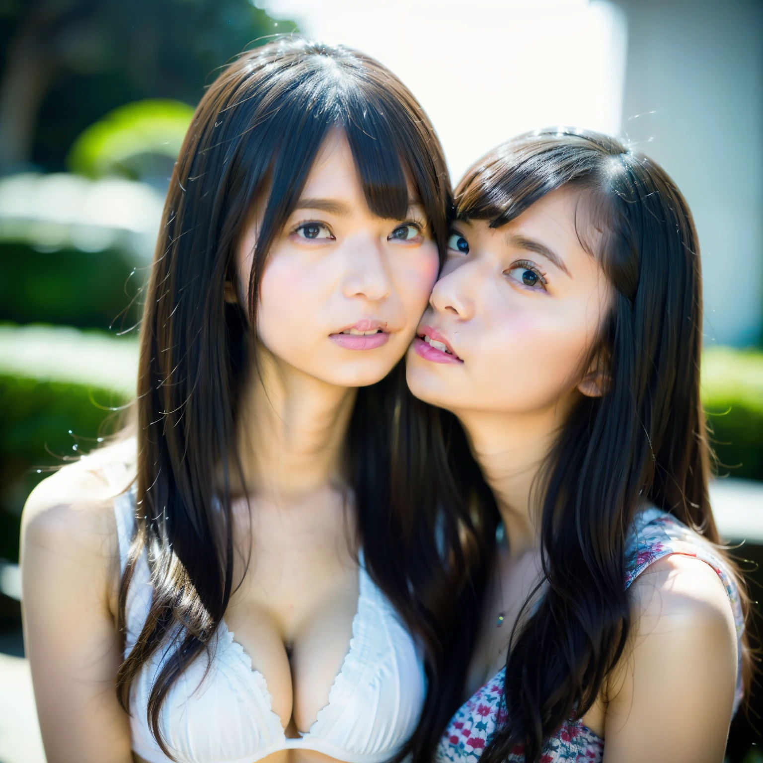 The ultra -The high-definition、top-quality、全身エスlesbian、lesbian、lesbian、bangss、2girls、lilies、レズthe kiss、the kiss、(Dark hair)、straight haired、hug、hug、cleavage of the breast、Plump breasts、White Bikini、Slimed、see -through、(8K、Raw photography、top-quality、masterpiece:1.2)、ultra-detailliert、ultra res、(hyper reality、)ultra-detailliert、ultra res、(realisitic、current:1.47)、extra detailed face、extremely detailed eye、非常にrealisiticな肌、 extremely detailed fingers, highly detailed nose, highly detail mouth