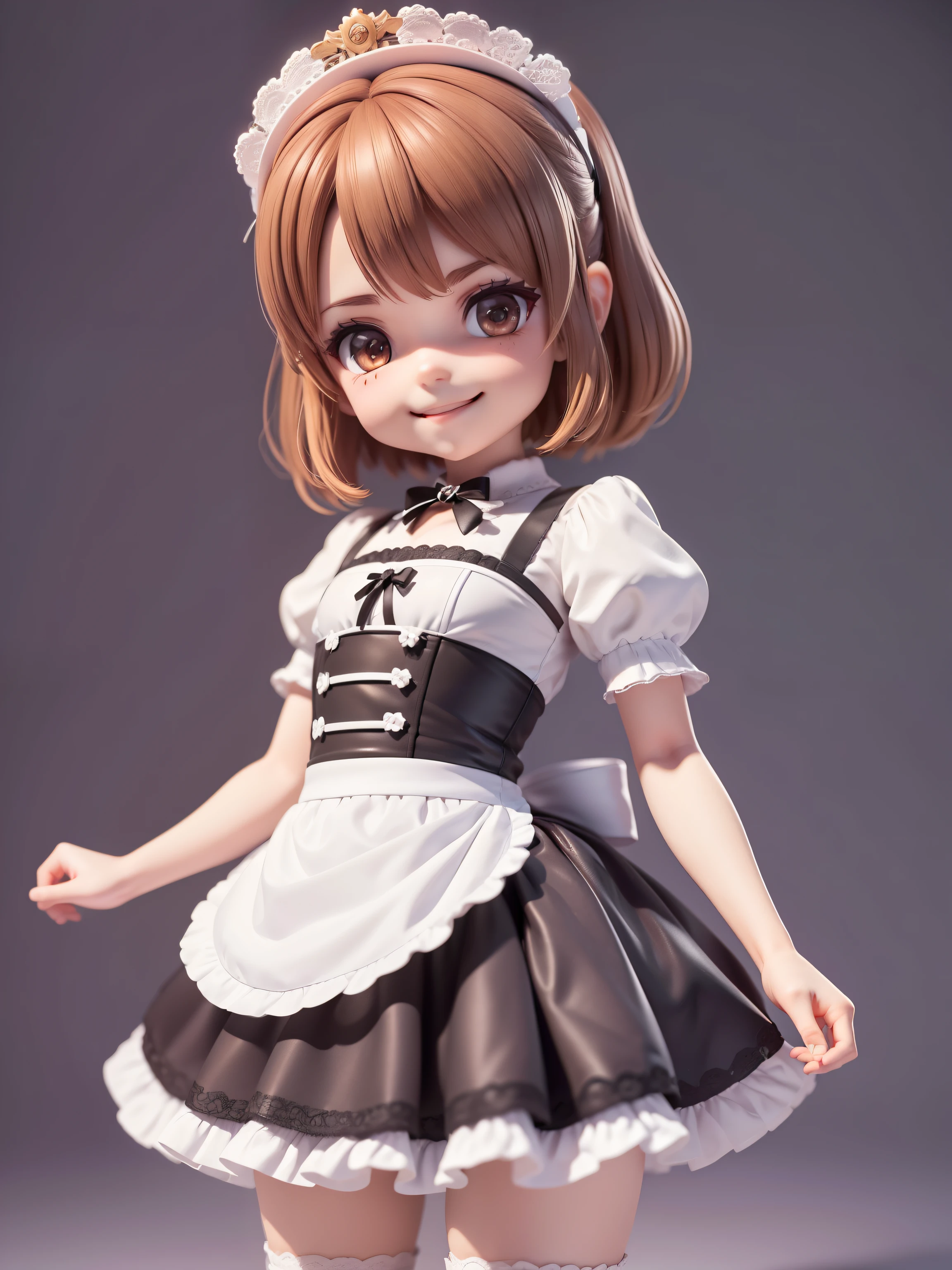 tmasterpiece，Maid style，comic strip，adolable，tiny girl，(((full body Esbian))), Smiling smile, short brown hair，Katyusha on the head, Wearing black and white maid clothes，The clothes have white lace decorations.，curious expression，Game Character，3d rendered，Rich details，hightquality，8K