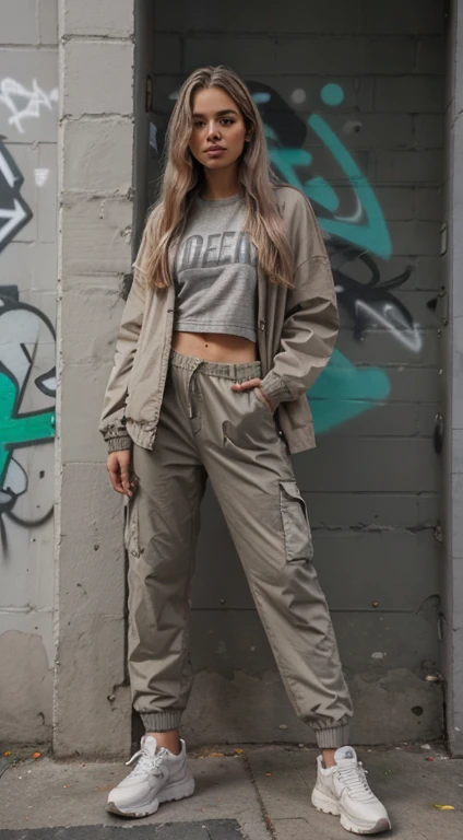 Full body length photo of A beige skin toned 20 year old woman with long grey hair, wearing a grey oversized men's jacket, a green cargo pant, posed looking to right, standing in a street, graffiti wall in background.
