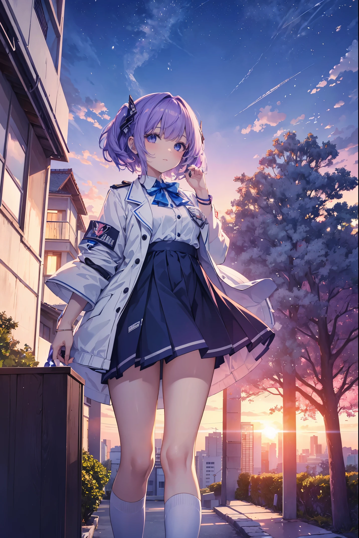 main part, top notch quality, 4K Ultra HD, Representative Gore Gullah de Hololife, Wearing a white school uniform jacket, Posarparauma Photos. Gurwitz&#39;s artistic inspiration, detailed digital anime art, Perfect artwork, In a city with beautiful trees, The dawn sky is purple，There are beautiful clouds