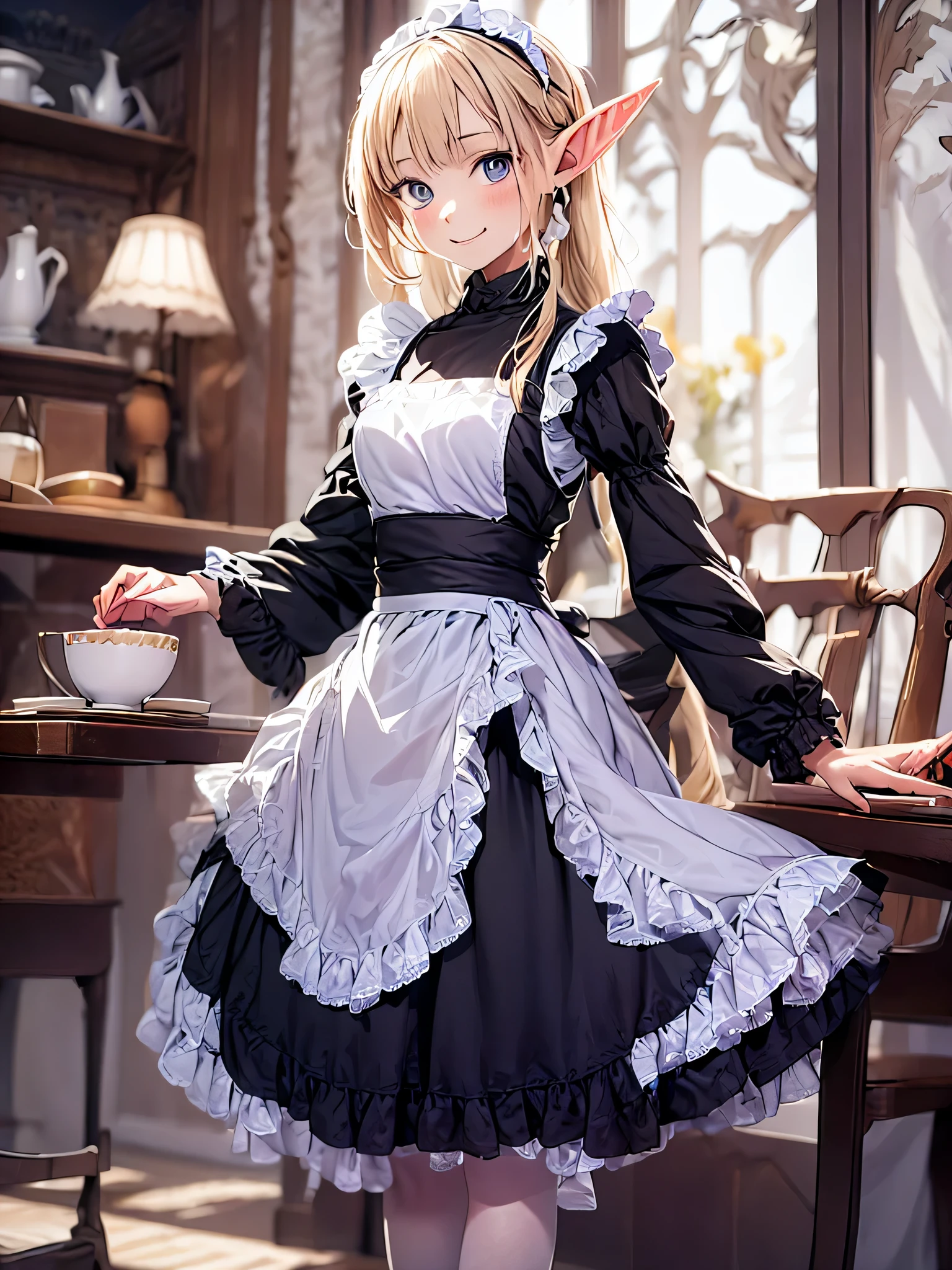 elf girl solo, smiling gentry,  silver blonde twintail hair, black long maid dress, She is drinking tea in an antique teacup