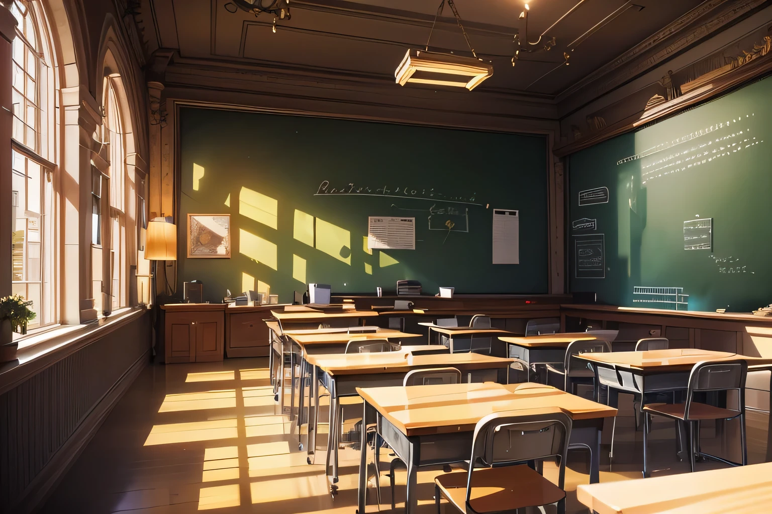 in class room,A teacher is teaching students,There are many classmates behind me,There is a blackboard under the light,Immersive depiction of a classroom under majestic lighting, using a wide angle lens, Make sure every corner of the classroom is visible,