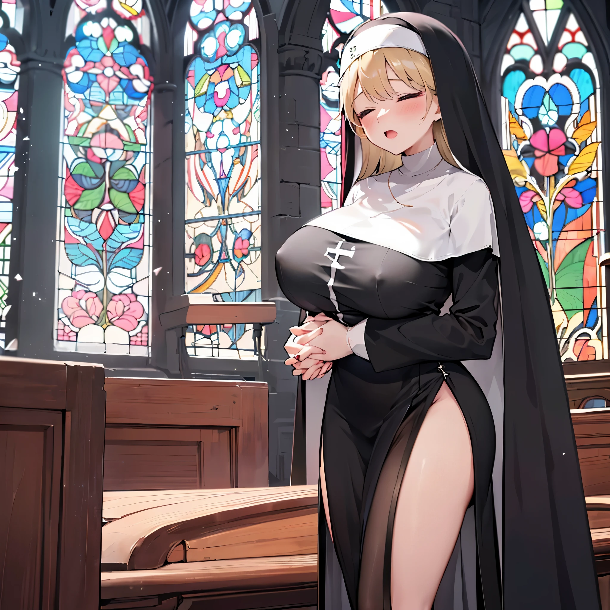 (solo 1 praying cute nun:1.3) standing in church, praying with holding hands together over chest, very thin, (black sheer long dress:1.5), (gigantic breasts:1.3), (bursting breasts:1.2), (black sheer long skirt:1.4), inconceivably thin waist, closing eyes, nose blush, open mouth, (heavy breathing:1.2), stained glass, full body, 8k, ultra-detailed, masterpiece, (see-through:1.2)