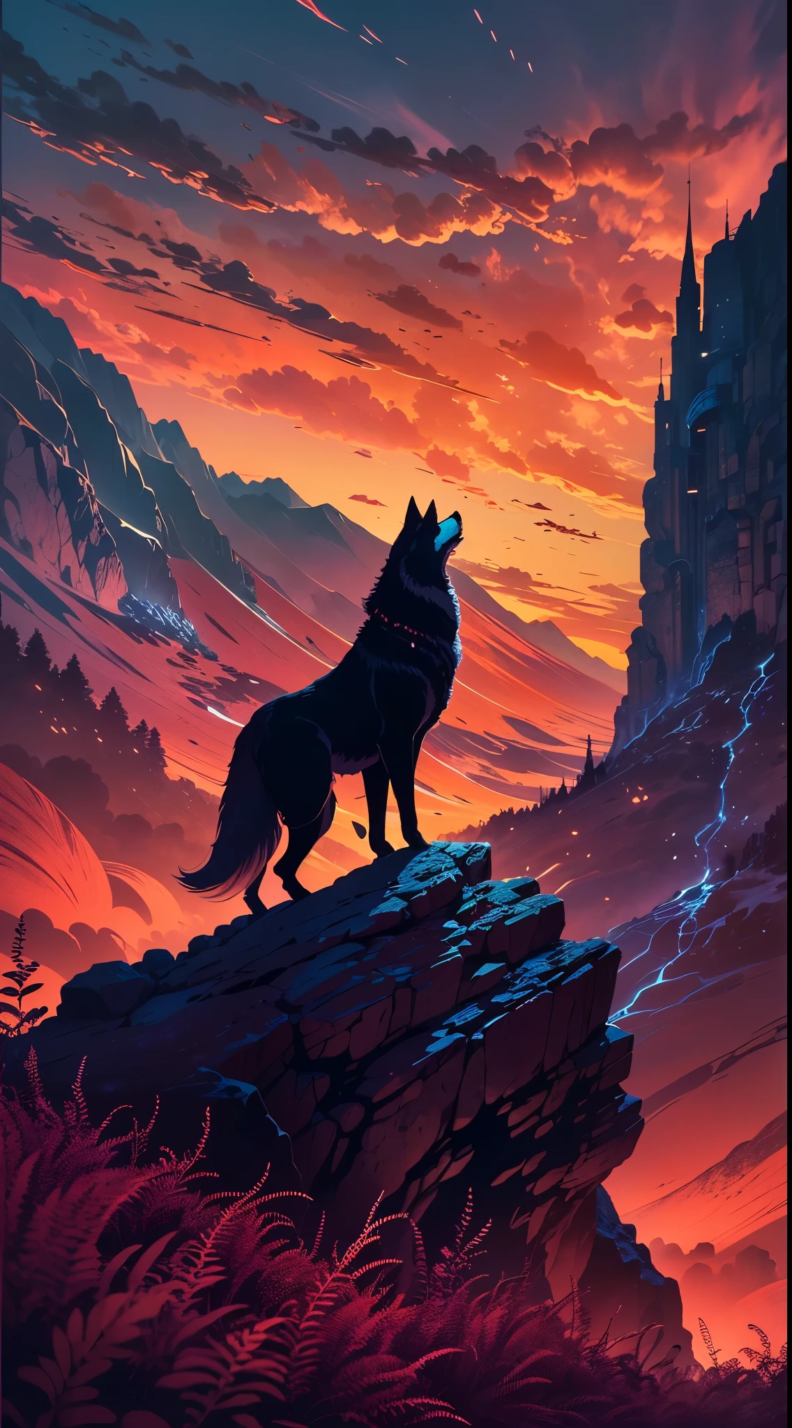 (best quality, highres, ultra-detailed), silhouette art, vibrant colors, detailed, shadowy silhouette of a lone wolf standing on a majestic mountain, sunset