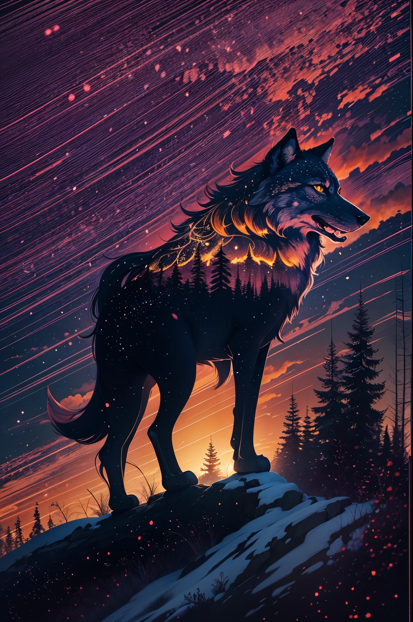 (best quality, highres, ultra-detailed), silhouette art, vibrant colors, detailed, shadowy silhouette of a lone wolf standing on a majestic mountain, sunset