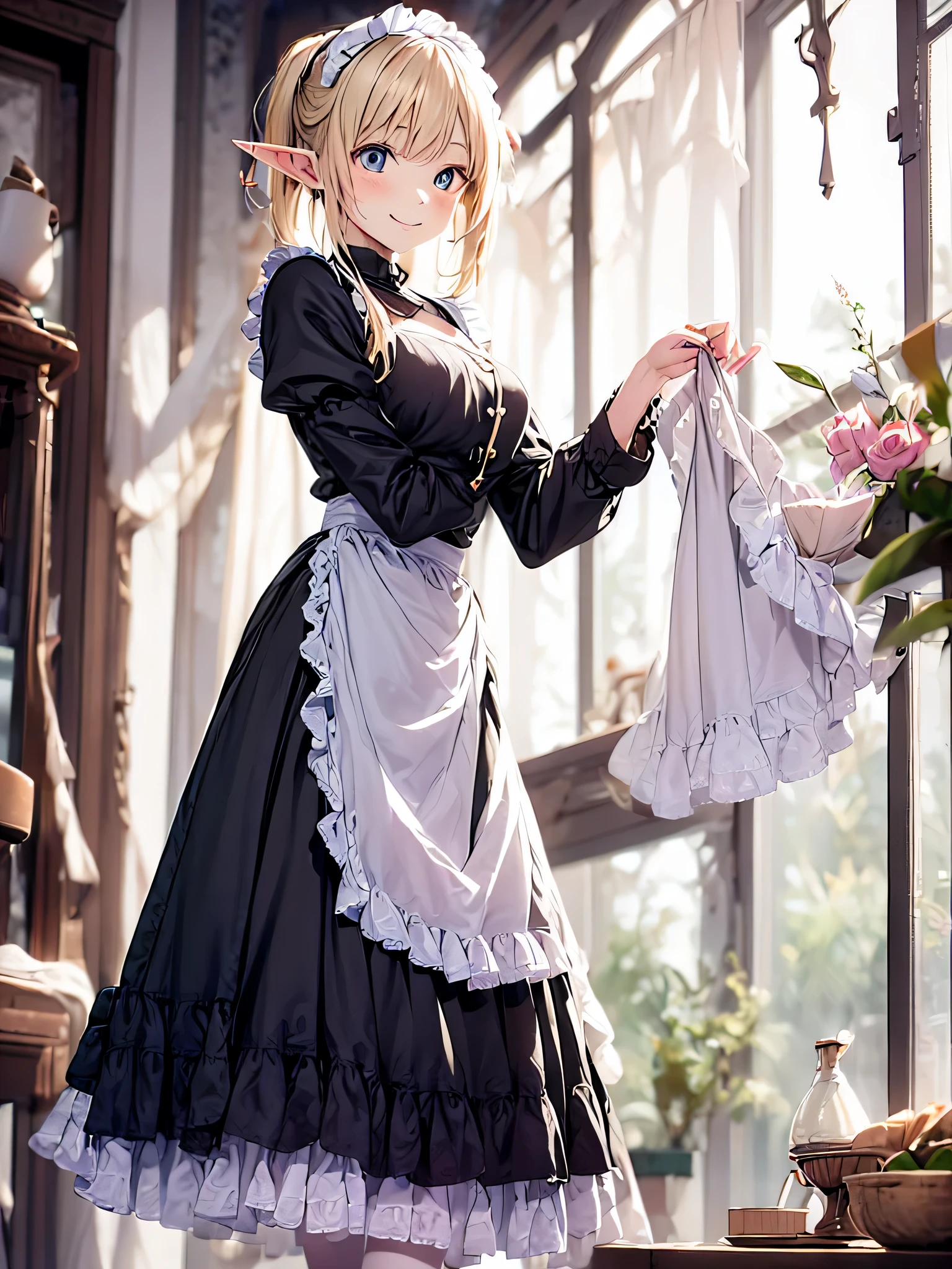 elf girl solo, smiling gentry,  silver blonde twintail hair, black long maid dress, She is drinking tea in an antique teacup