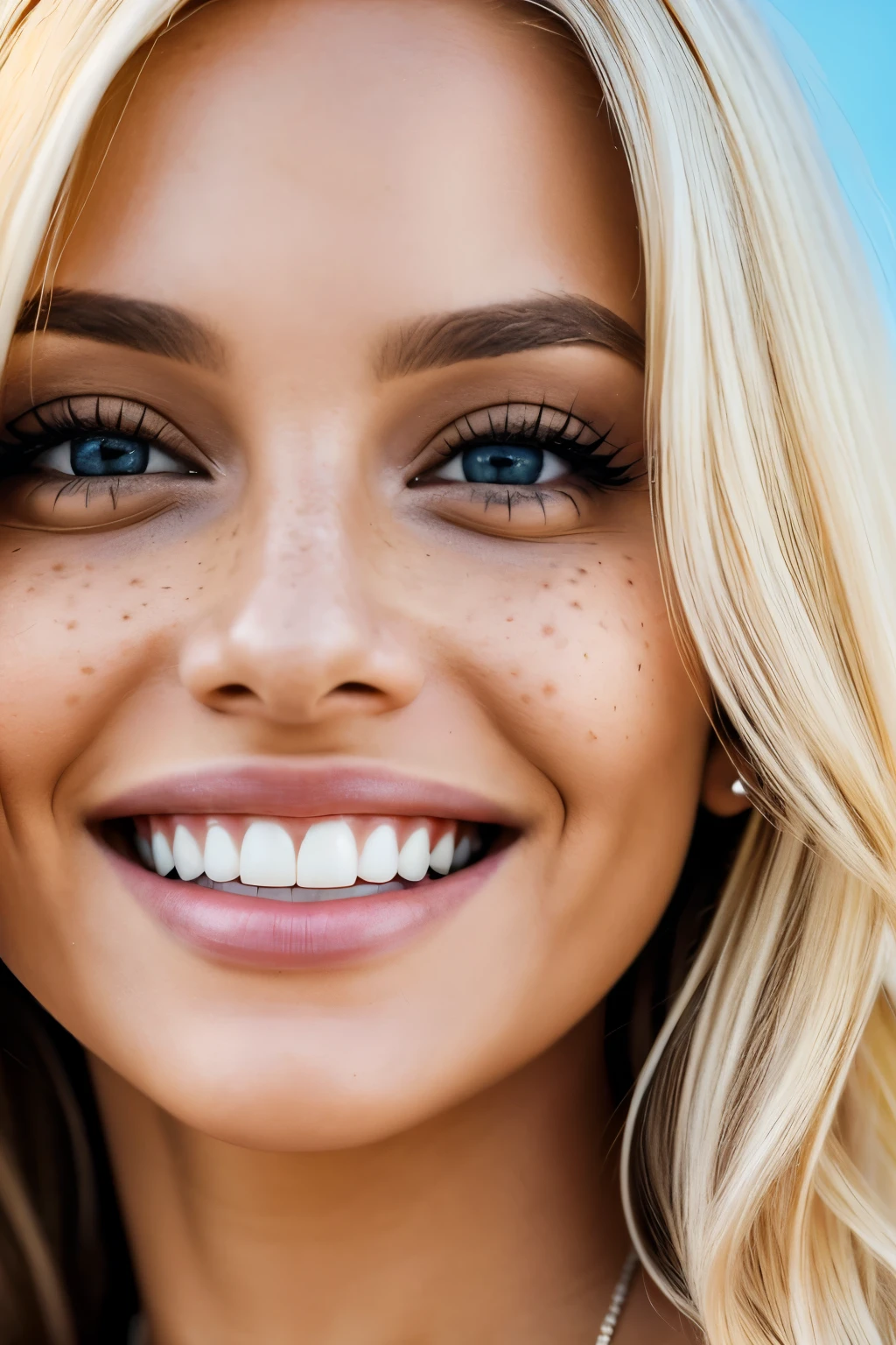 (close-up editorial front photo of 25 yo woman, blonde hair, slim latinas sweetheart, smiling, big smile, white teeth, big eyes), (freckles:0.9), (full lips) close, (yelloreen) eyes, POV, realistic[:, (film grain, 25mm, f/1.2, dof, bokeh, beautiful symmetrical face, perfect sparkling eyes, well defined pupils, high contrast eyes, ultra detailed skin, skin pores, vellus hair, fabric stitching, fabric texture, wood grain, stone texture, finely detailed features:1):0.9]