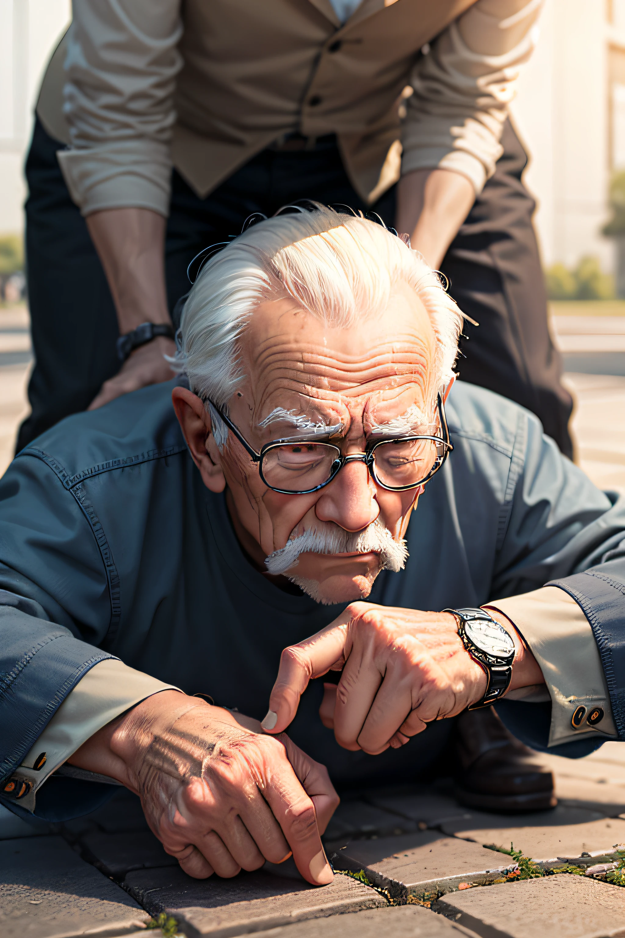 old man wearing a watch、Imagine your watch unexpectedly falling to the ground and breaking completely。, shock you.。, make a strange face, he got on his hands and knees and picked it up.