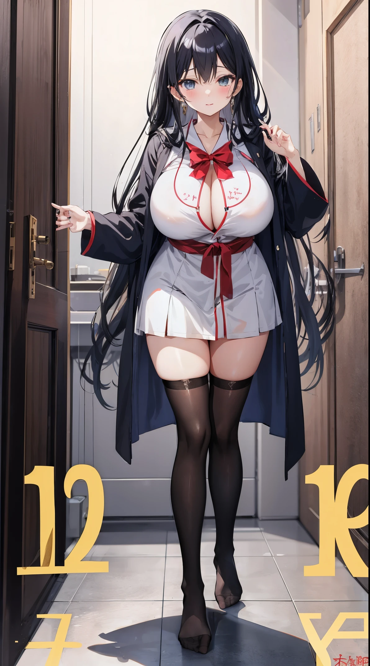 anime girl with a very large breast and a very long black hair, nime girl, by Shitao, Best Anime 4K、((NEW YEAR))、(bathrobe)、(a miniskirt)、thigh-high socks、