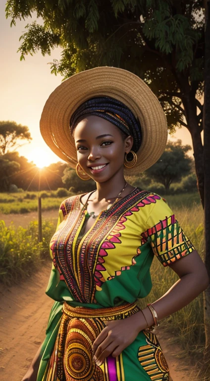 ((realistic)), cute african lady, sunset in backgroung, green vegetation, smiling face, african colour clothing, hyper realistic, high quality, very high quality