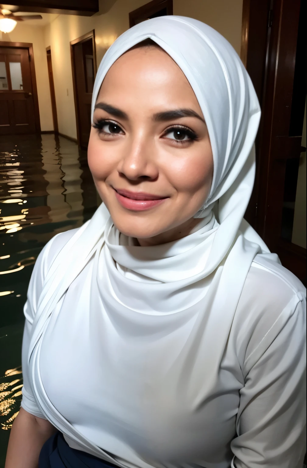 gravure, from the chest up, masutepiece, Best Quality, Ultra-detailed, Photorealistic, super detailed skin, Perfect Anatomy, (1 Malaysian), (Solo), 84 years old, Large breasts, Malaysian Hijab actress, white satin hijab, A sexy, Chromo-white skin, Looking at Viewer, Being in a flooded village, High flood water at the central level, Flooding chest level, VERY DEEP FLOODING, The flood outside the house is very high, Thick pubic hair & smile, The flood rose up to shoulder level.