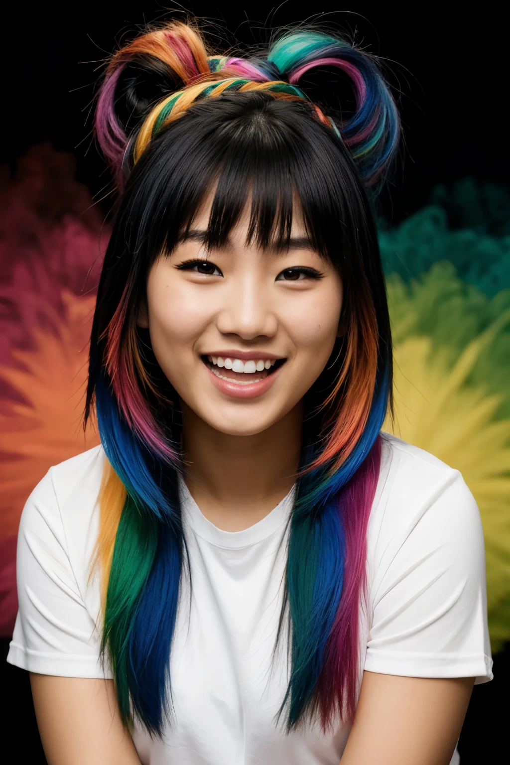 20yo asian woman, laughing, rainbow colored hair, black background,
