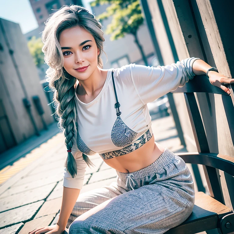 gorgeous cute Austrian girl, (crop top), Steel gray hair loose braided hai, printed shirt, oversized jogger pants, siting on street chair, smiling, perfectly symmetrical face, detailed skin, vivid colours, HDR, hard shadows, art photography, soft focus, masterpiece, breathtaking, atmospheric perspective, diffusion, pore correlation, skin imperfections, 80mm Sigma f2, depth of field, intricate natural lighting