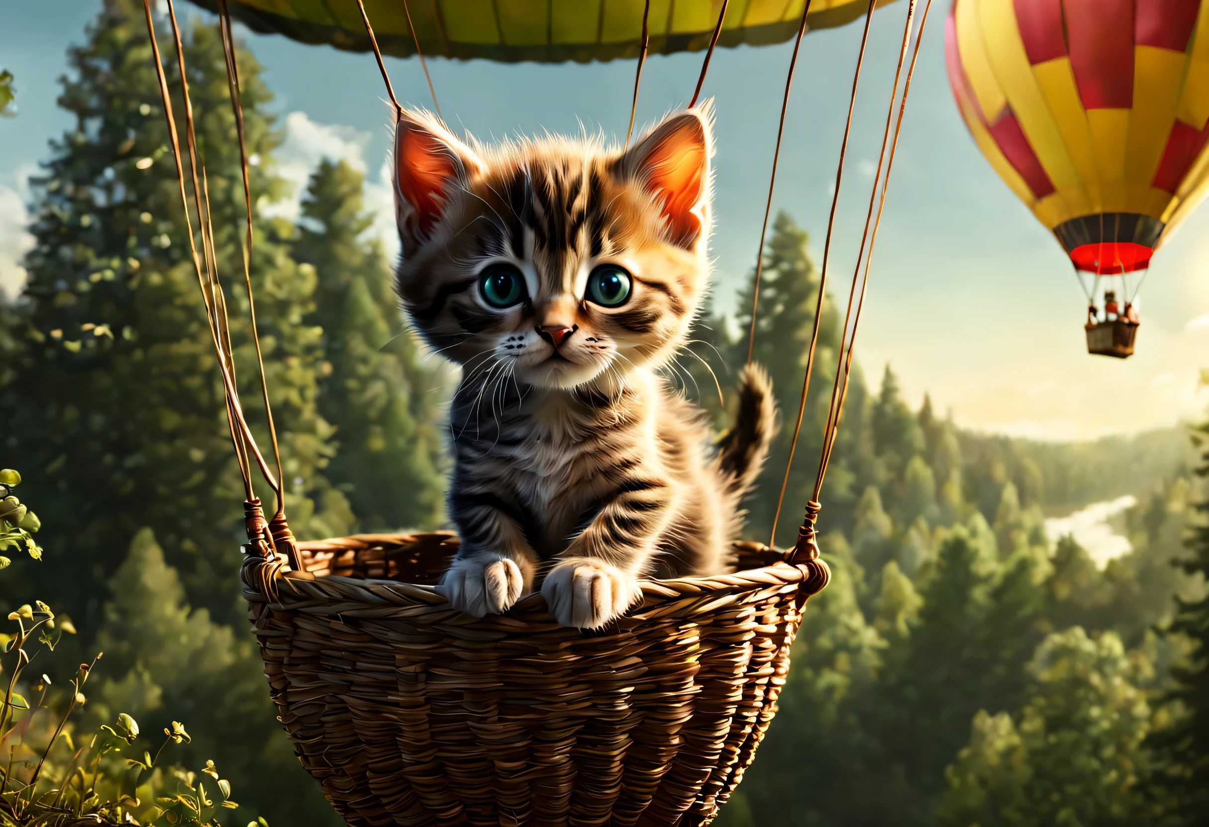 (Best quality, 4K, 8K, A high resolution, tmasterpiece: 1.2), ultra - detailed, (realist, fotorrealist, fotorrealist: 1.37), An adventurous kitten in a hot air balloon. Backlit forest scene.Picture taken from movie