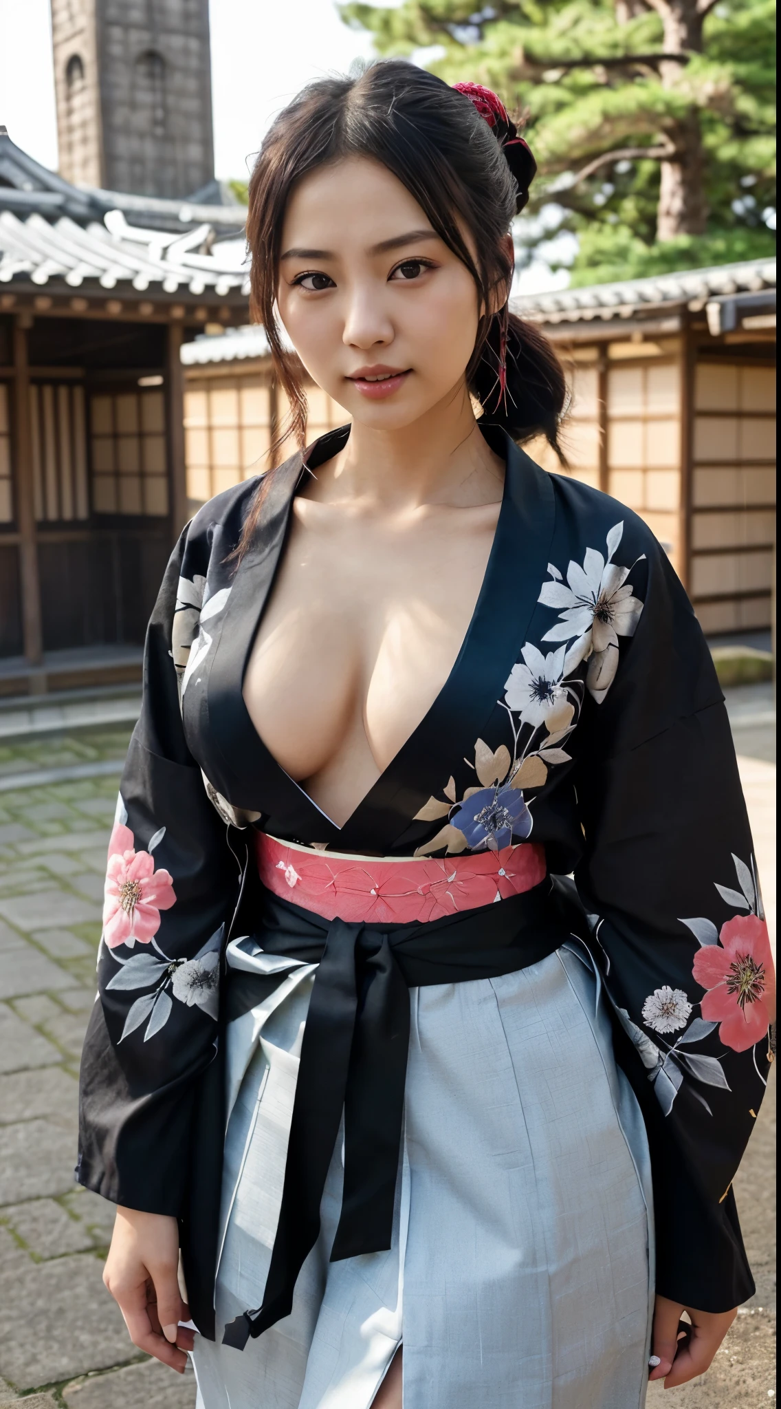 masterpiece、最hightquality、hightquality、Top image quality、8K、最hight resolution、hight resolution、Best Quality、Raw photo、in group photograph、realisiticな雰囲気、(Detailed face)、(Detailed hand、Thumbs1References4)、(Japanese beauty )、Very nice face、Beautiful face、((multipel Girls))、((katanasを構える女の子たち))、((Beautiful japanese girl))、(A Japanese Lady), ((18 year old beautiful girl))、(Lustrous black hair)、(Long straight hair)、(poneyTail)、fullllbody、Athlete Body、(shinny skin)、(Fair skin)、realisiticな人の肌、realisiticな人体構造、Perfect body, face perfect, perfect hand, Perfect Finger, Perfect lips, perfect eyes,perfect teeth、Perfect background, perfect vibe, Professional quality, Perfect Photo, hightqualityのオクタン価レンダリング, hightqualityのベクター, ultra - detailed,Clear skin,looking in camera、(realisitic、Photorealsitic:1.37)、natural soft light、photon maping、2Heavy eyelids、Rurouni Kenshin、Demon Slayer、miyamoto musashi、assist々Kojiro Ki、(Kumamoto Castle、Nagoya Castle)、Warring states period、woman samurai、Japan Castle、((Random color metallic with floral pattern(Samurai kimono、Samurai costume、Hakama with slit、katanas、サムライkatanas))、You can see cleavage from the collar、Thighs are visible through the hakama