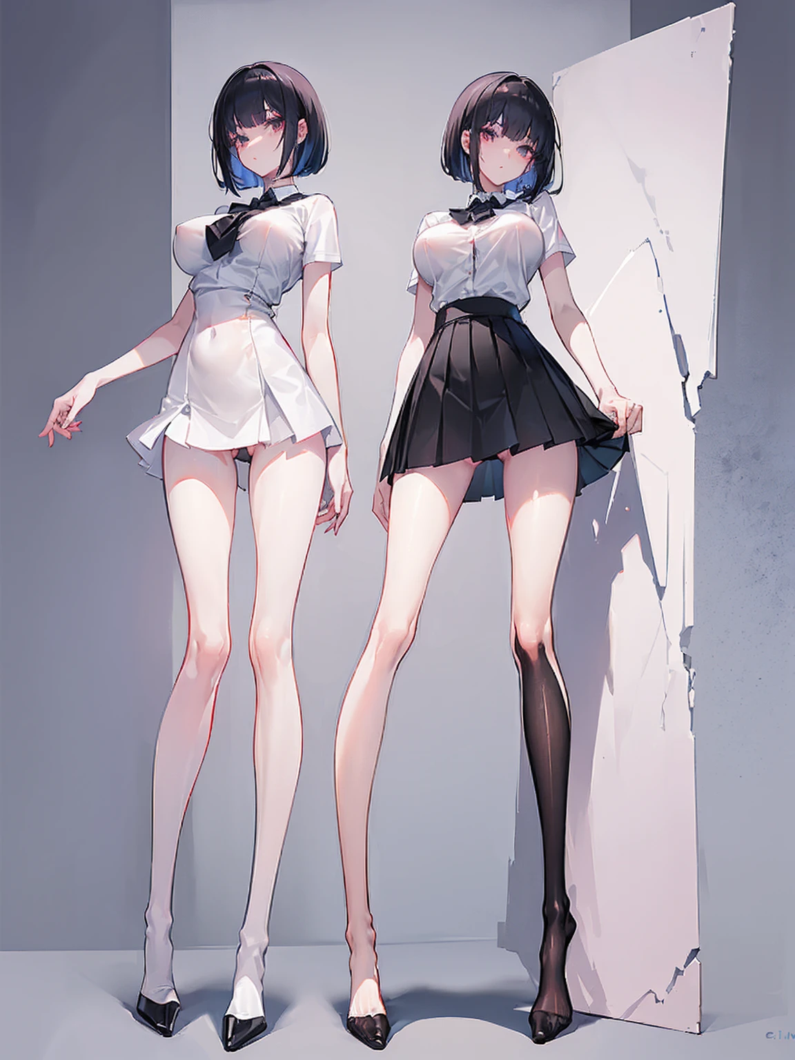 (full body Esbian:1.5).(1girll:1.4).(view the viewer:1.4). NSFW.bob cuts. (skinny:1.5). (Slim legs:1.4).white shirt.(short black skirt 1.2).long sox.(Big breasts:1.4). Black hair.(leggy:1.7). schools