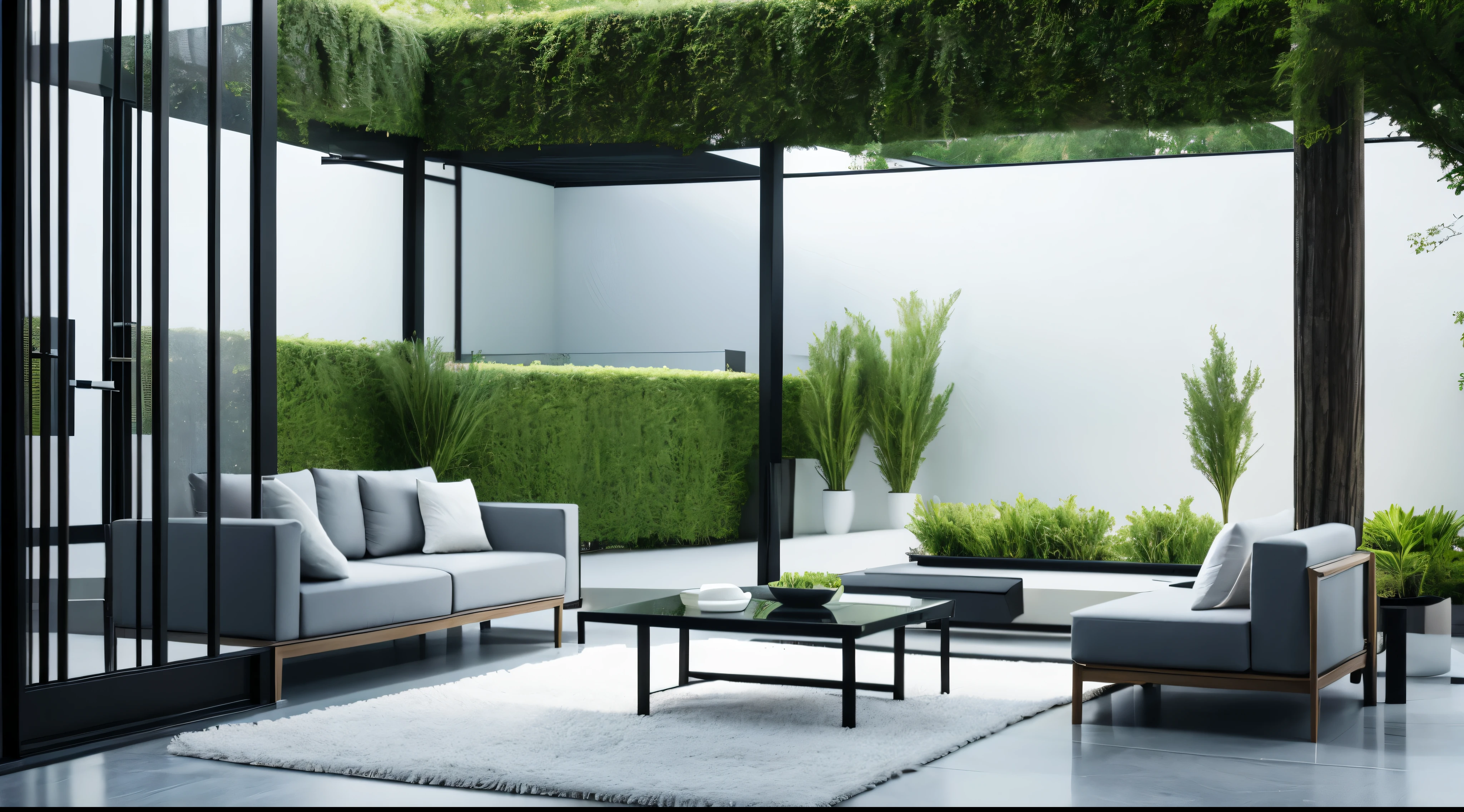 You are a famous interior designer、You have been asked to create a 3D image of a modern large room. Create a harmonious environment with modern and minimalist furniture. Including garden interior.