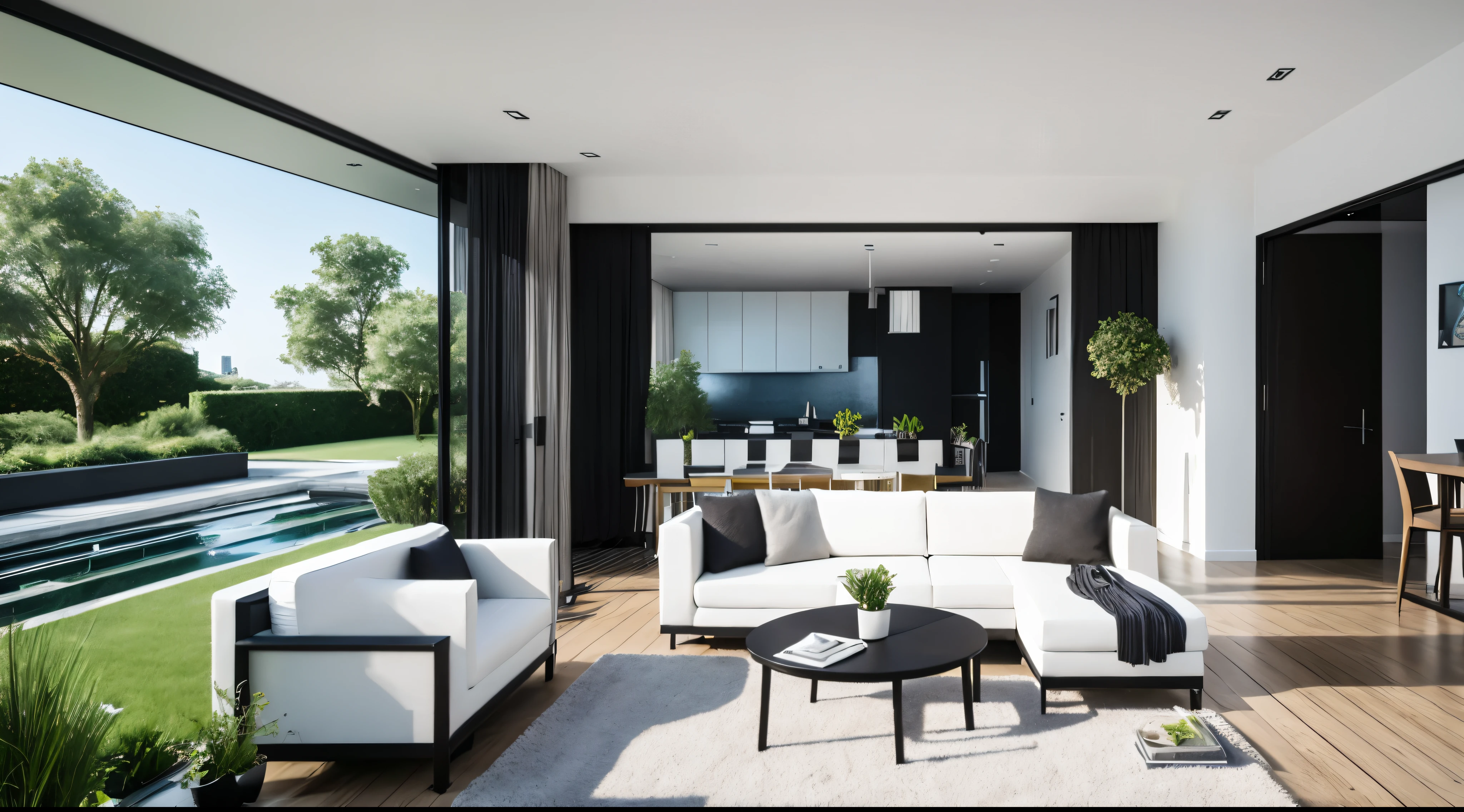 You are a famous interior designer、You have been asked to create a 3D image of a modern large room. Create a harmonious environment with modern and minimalist furniture. Including garden interior.