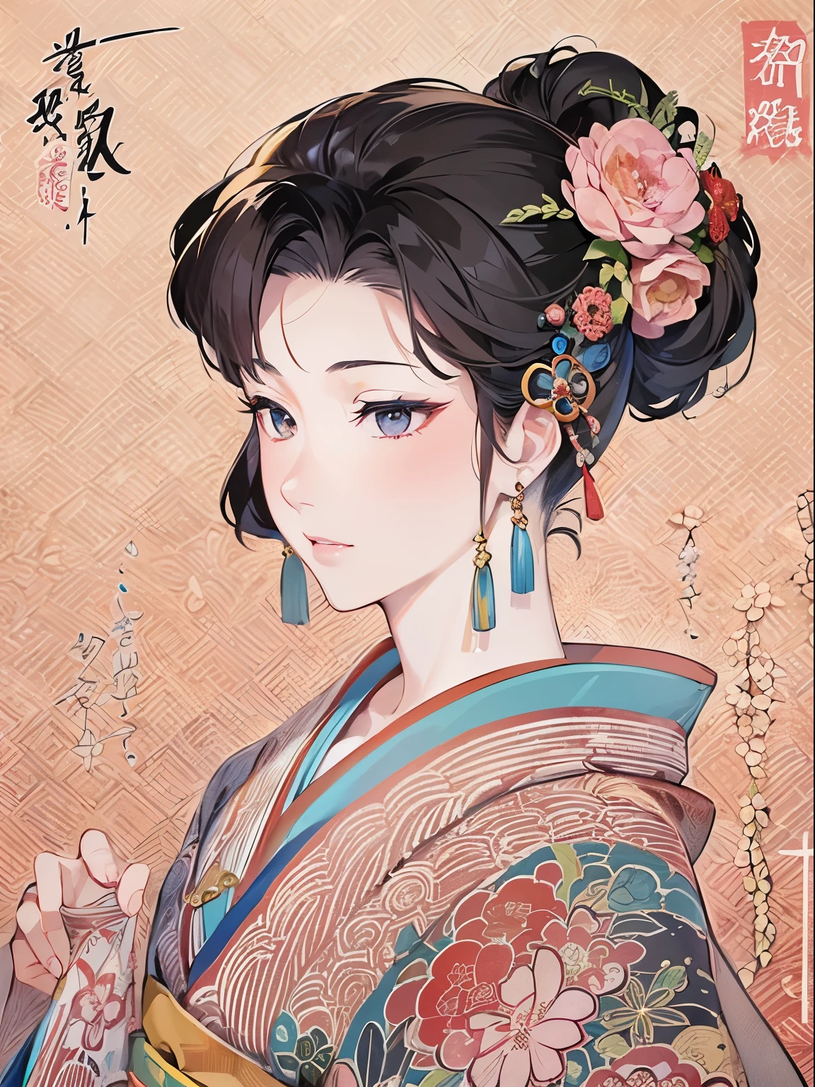 ((Finest quality)),(超A high resolution),(ultra-detailliert),(Meticulous portrayal),((The most picturesque work of art),Ultra-Precision Art,The art of astounding depiction, (1人の女性:1.5),Sharaku,Portrait of a woman,her breasts visible.,It will be centered on the image, Some Japan effects and decorations scattered throughout the photo