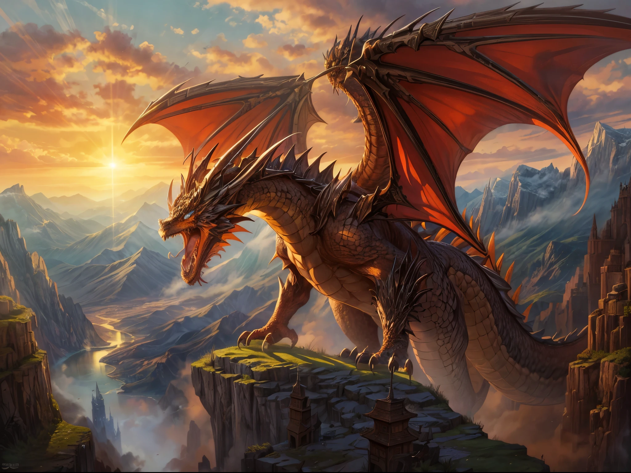 fantasy art, dnd art, RPG art, wide shot, (masterpiece: 1.4) a dragon spread his wings on top of a mountain as the sun rises behind him. reflection light, high details, best quality, 16k, [ultra detailed], masterpiece, best quality, (extremely detailed), the sun cast a shadow behind the dragon, sun rays, clouds, ultra wide shot, photorealistic, RAW, fantasy art, dnd art, fantasy art, realistic art,