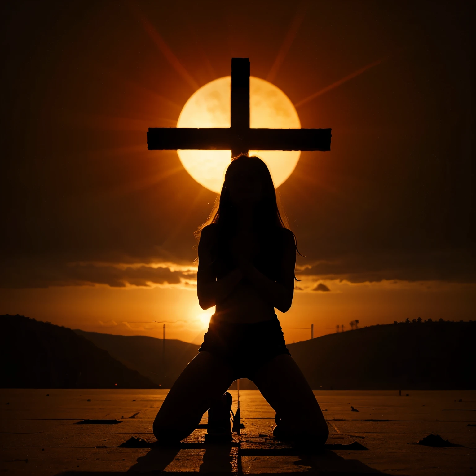 Silhouette of woman kneeling in front of cross, large red sun