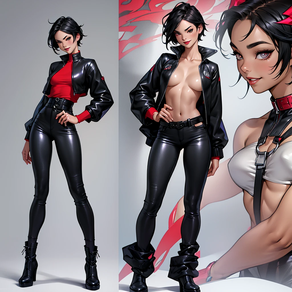 Anime style image of a beautiful woman with short black hair, straight and short.redeyes, fair skin, delicate appearance, smiling, reddened lips, small breasts, big ass, thin waist and wearing a gray cropped and a black leather pants. Full body