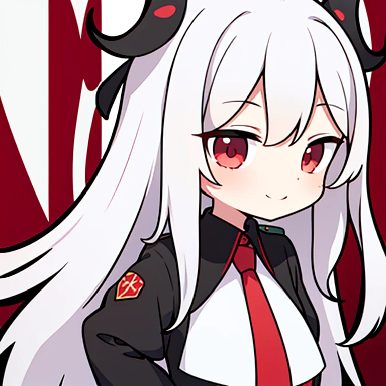 A girl with long white hair，The arms hang down naturally，Red eyes，Red and black uniforms，ssmile