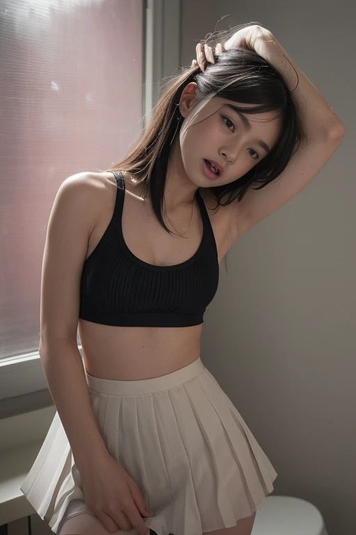 One girl, Beautiful woman, Knitted tank top,White and blue stripes々Panties, skinny, Perfect body, Golden Hair, Standing in the pool room during the day, Highly detailed face, Beautiful Eyes, Beautiful Lips, double eyelid, A shy smile, Shorn bangs, Sunburned skin, Pubic Hair Tips, (Highest quality, 8k, masterpiece:1.3), front and full body shot, Pussy Line, Positive, Open legs pubic hair
