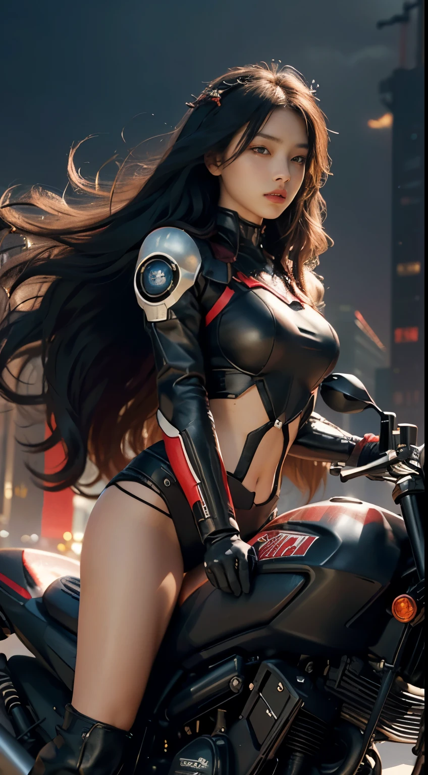 Best image quality, outstanding detail, ultra high resolution, (realism: 1.4), best illustration, prefer details, highly condensed 1girl, delicate and beautiful face, dressed in black and red mecha, big, long hair, disheveled hair, tiara, black panty, riding a motorcycle, background is a futuristic city high-tech lighting scene