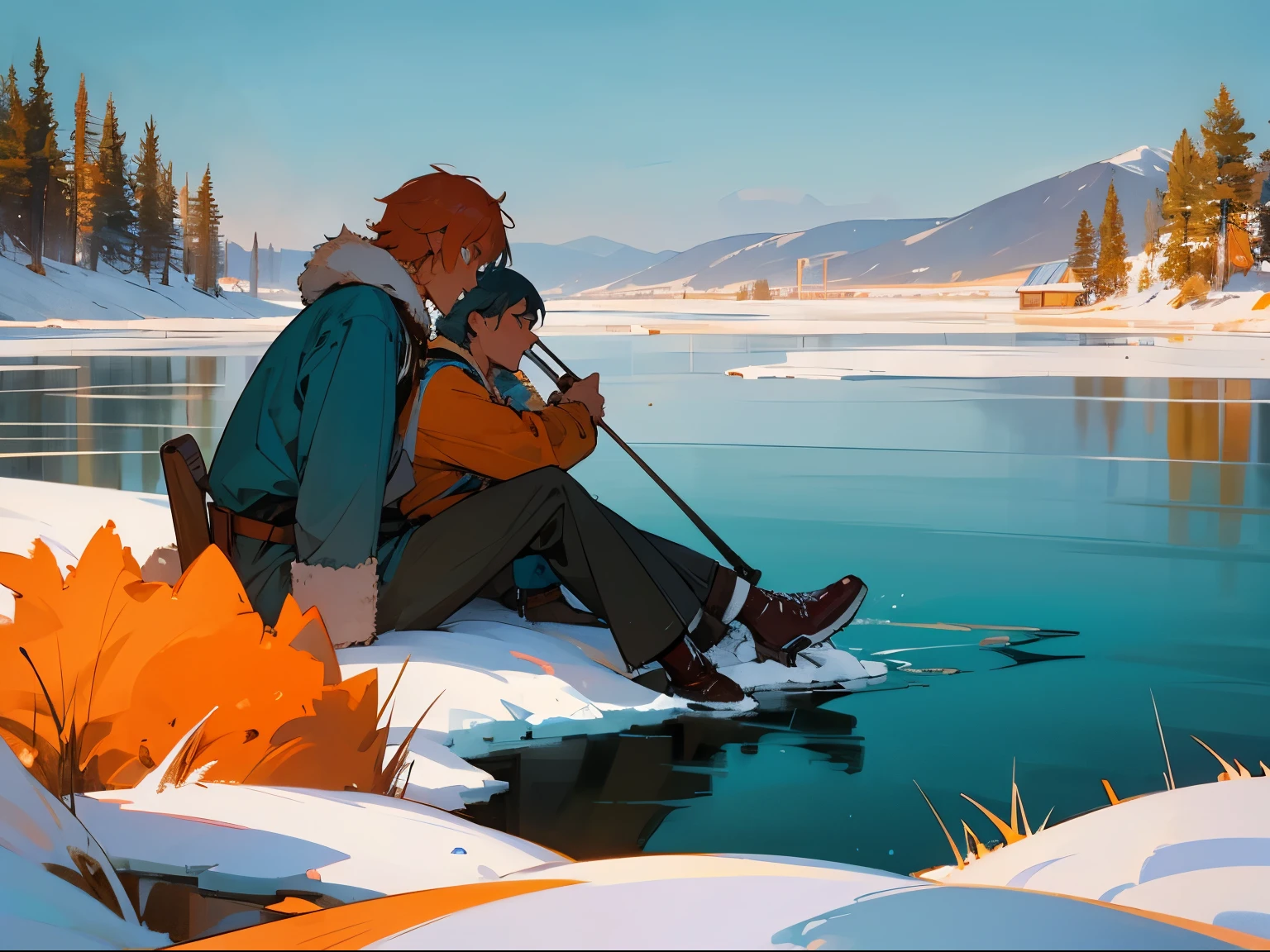 Closeup. Two men in fur coats are sitting on the ice with fishing rods, fishing in a scenic, snowy, Russia-inspired landscape. One man is short, with short, teal hair and tanned skin. He is wearing a large, fluffy coat, and is clearly cold and uncomfortable. The other man is tall, with orange hair, fair skin, and dull blue eyes.