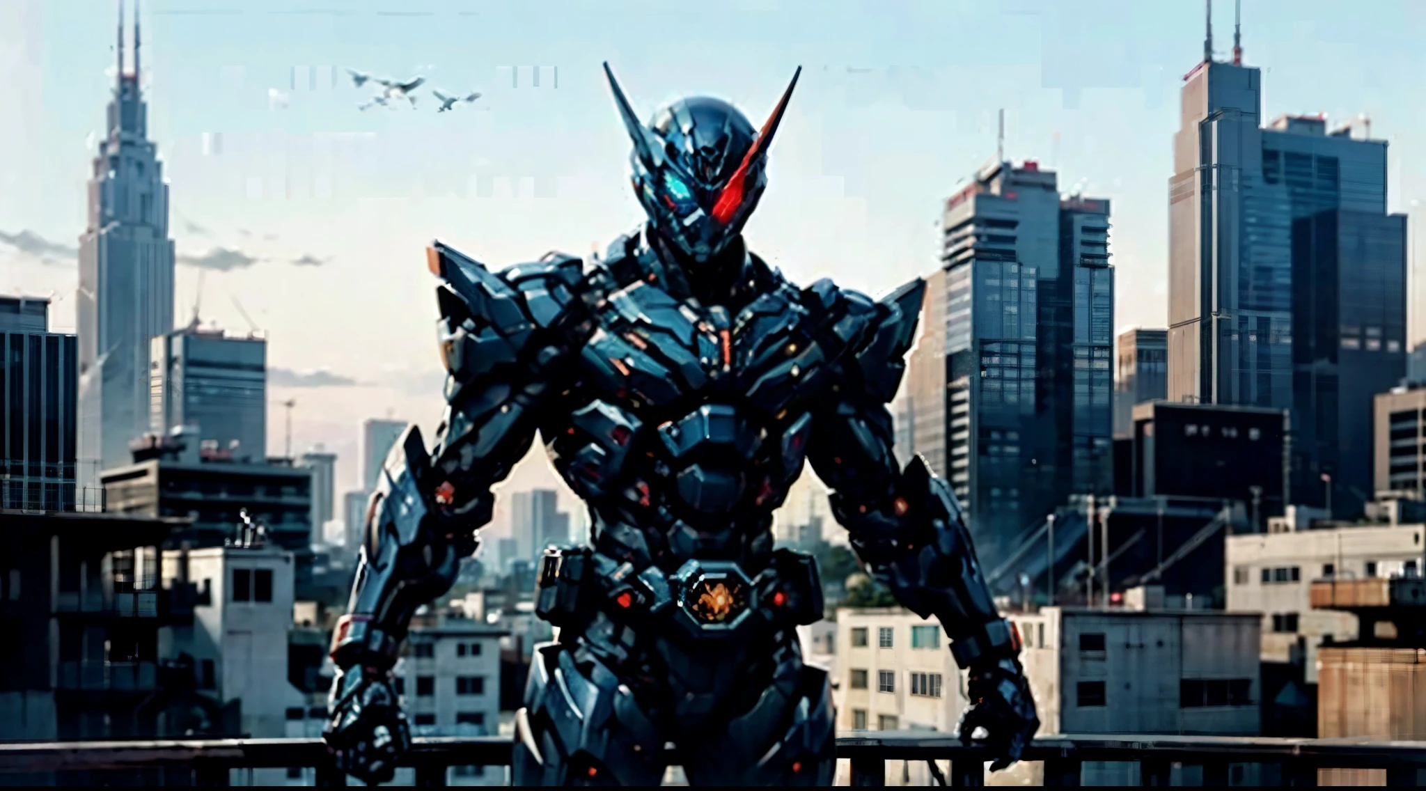A super  a high-tech biotech battle suit, standing on a rooftop, looking over the city, Japanese tokusatsu and American comic style, biometallic texture of the suit, sleek and shiny, dynamic, fast, natural light, cinematic, high quality, high resolution, high detail, sophisticated design, dramatic, high definition, ultra-detailed, ultra-fine painting, extremely delicate, creativity, Natural light, cinematic lighting, best shadow, masterpiece-anatomy-perfect