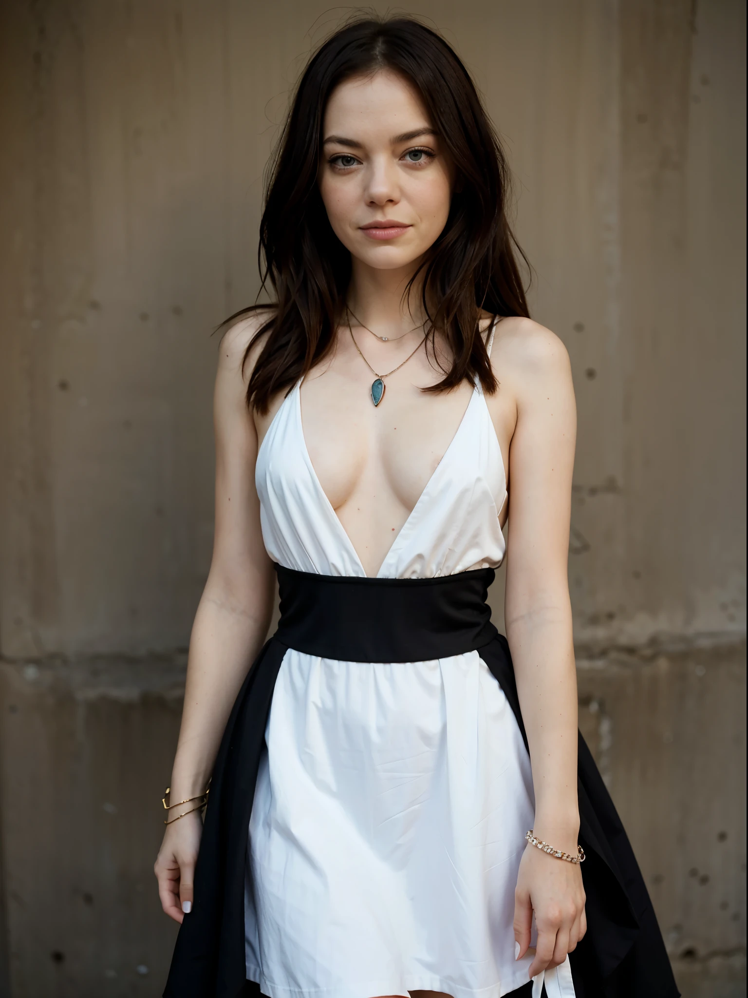 face like emma stone, long and black hair, medium breast, dress, necklace, bracelet, los angeles