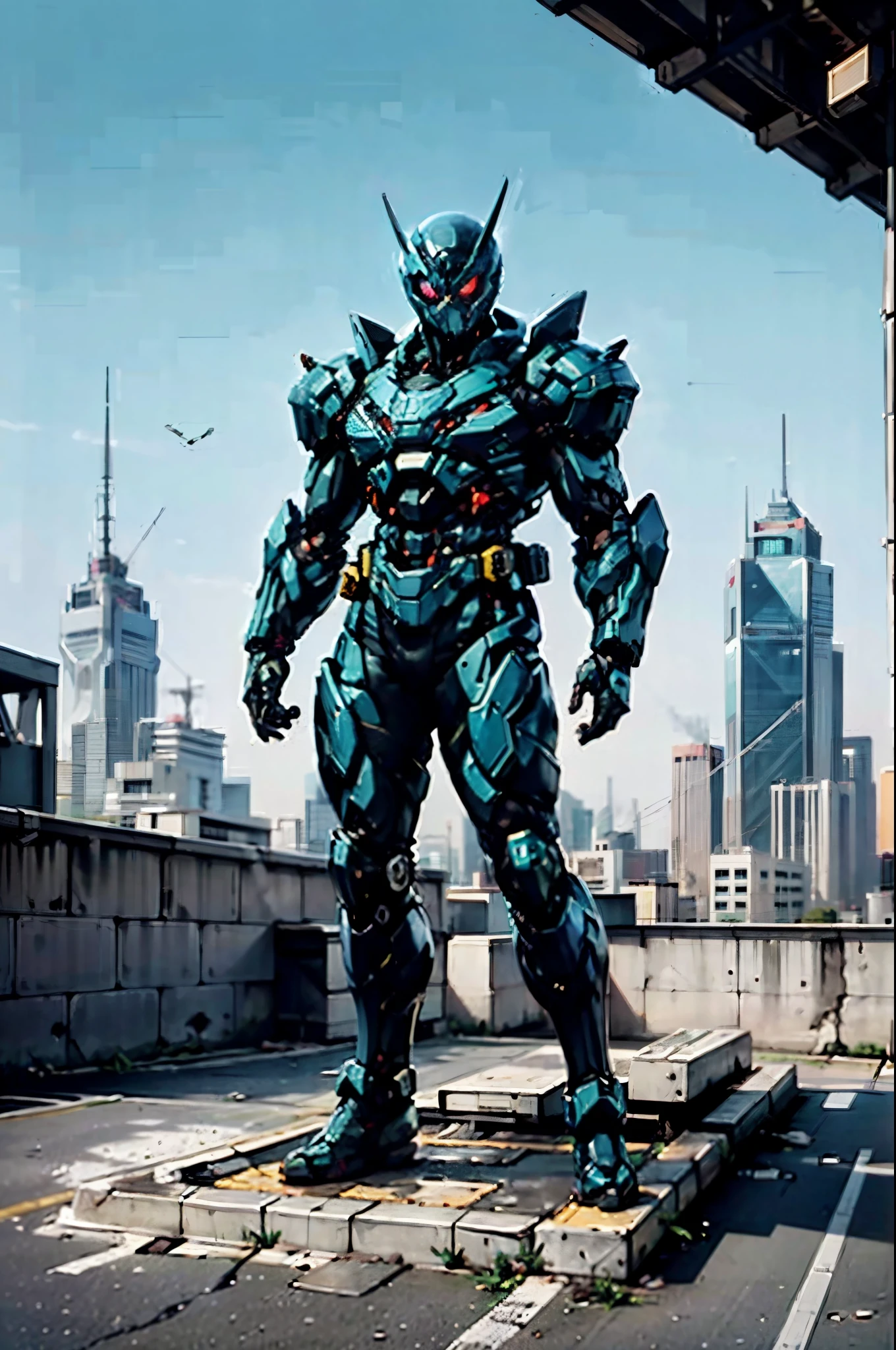 A super  a high-tech biotech battle suit, standing on a rooftop, looking over the city, Japanese tokusatsu and American comic style, biometallic texture of the suit, sleek and shiny, dynamic, fast, natural light, cinematic, high quality, high resolution, high detail, sophisticated design, dramatic, high definition, ultra-detailed, ultra-fine painting, extremely delicate, creativity, Natural light, cinematic lighting, best shadow, masterpiece-anatomy-perfect