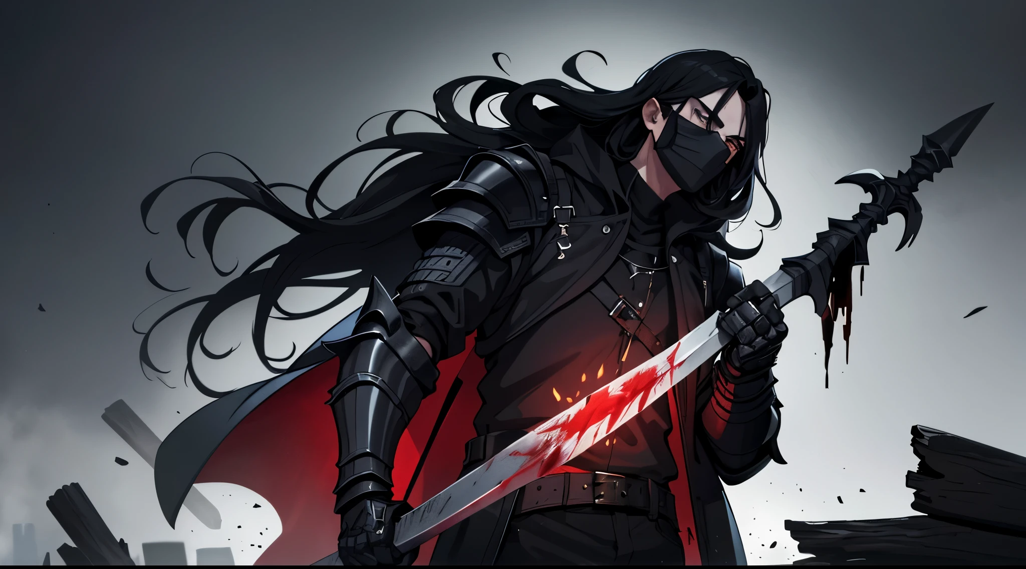 1 guy, it costs epic, in black artifice armor, black mask on the face, black long hair, athletic physique, around the candle, lumberjack ax in hand, ax blade covered in blood, there's a spear lying nearby, Dark atmosphere,