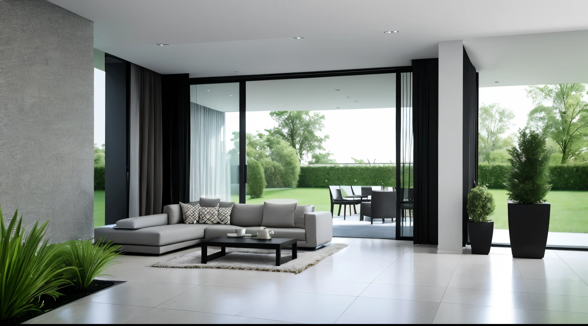 You are a famous interior designer、You have been asked to create a 3D image of a modern large room. Create a harmonious environment with modern and minimalist furniture. Including garden interior.