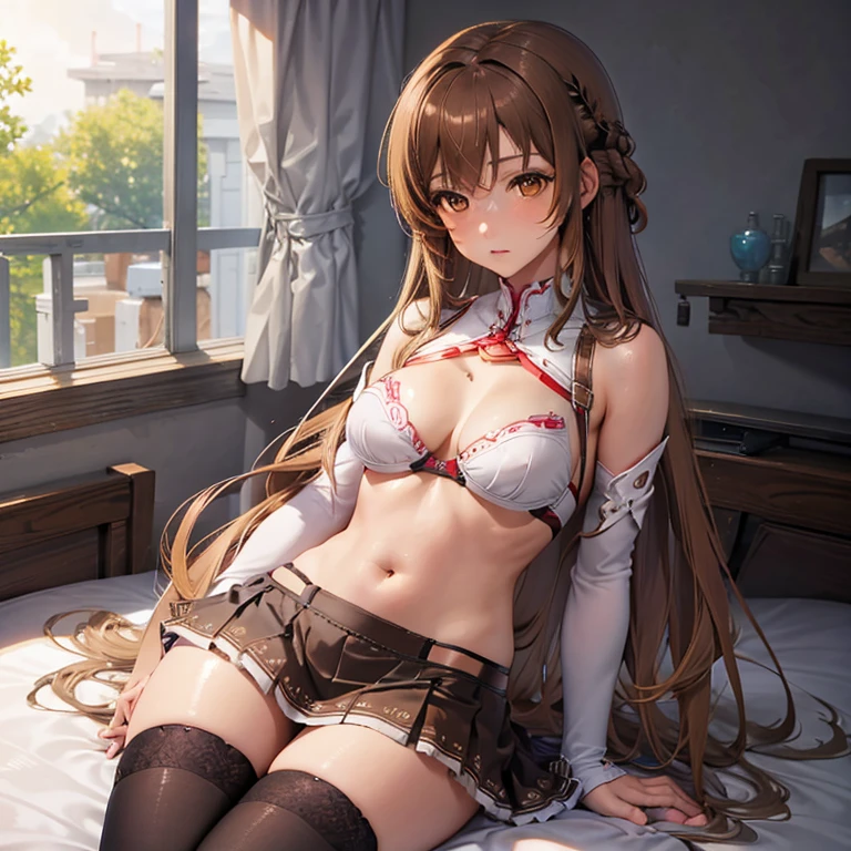 asunayuuki, asuna yuuki, long hair, brown hair, (brown eyes:2), (small breast:1.2), BREAK skirt, thighhighs, bare shoulders, detached sleeves, armor, white thighhighs, breastplate, BREAK indoors, bed, bedroom, BREAK looking at viewer, BREAK (masterpiece:1.2), best quality, high resolution, unity 8k wallpaper, (illustration:0.8), (beautiful detailed eyes:1.6), extremely detailed face, perfect lighting, extremely detailed CG, (perfect hands, perfect anatomy),