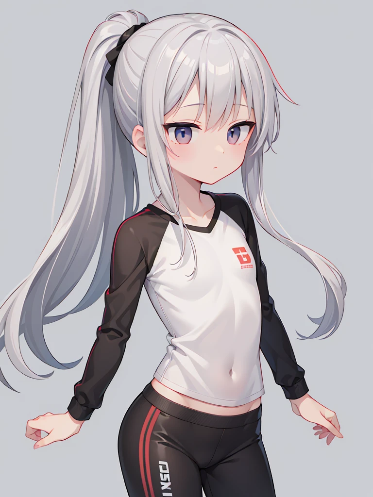 (plain eyes: 1.2), ((best quality)), anime, flat chest, childish body, girl, apathetic, emotionless, darkened eyes, flat chest, long hair, silver hair, ponytail, black eyes, black shirt, sport pants, 1girl, solo,