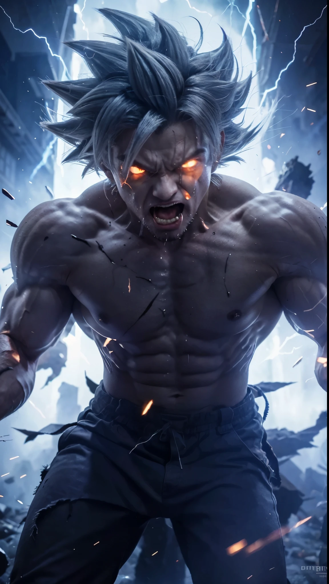 a handsome young guy, very angry, bright gray hair, bright white eyes, angry expression, open mouth, roaring, muscular body, extraordinary, body full of wounds, covered in blood, destruction, electric effect, super saiyan, Dragon Ball, Goku , sparks effect, blue light effect,Amazing, Chaotic, Darkness, cinematic, Best quality, realistic, highly detailed, RAW photo, 8k, high resolution