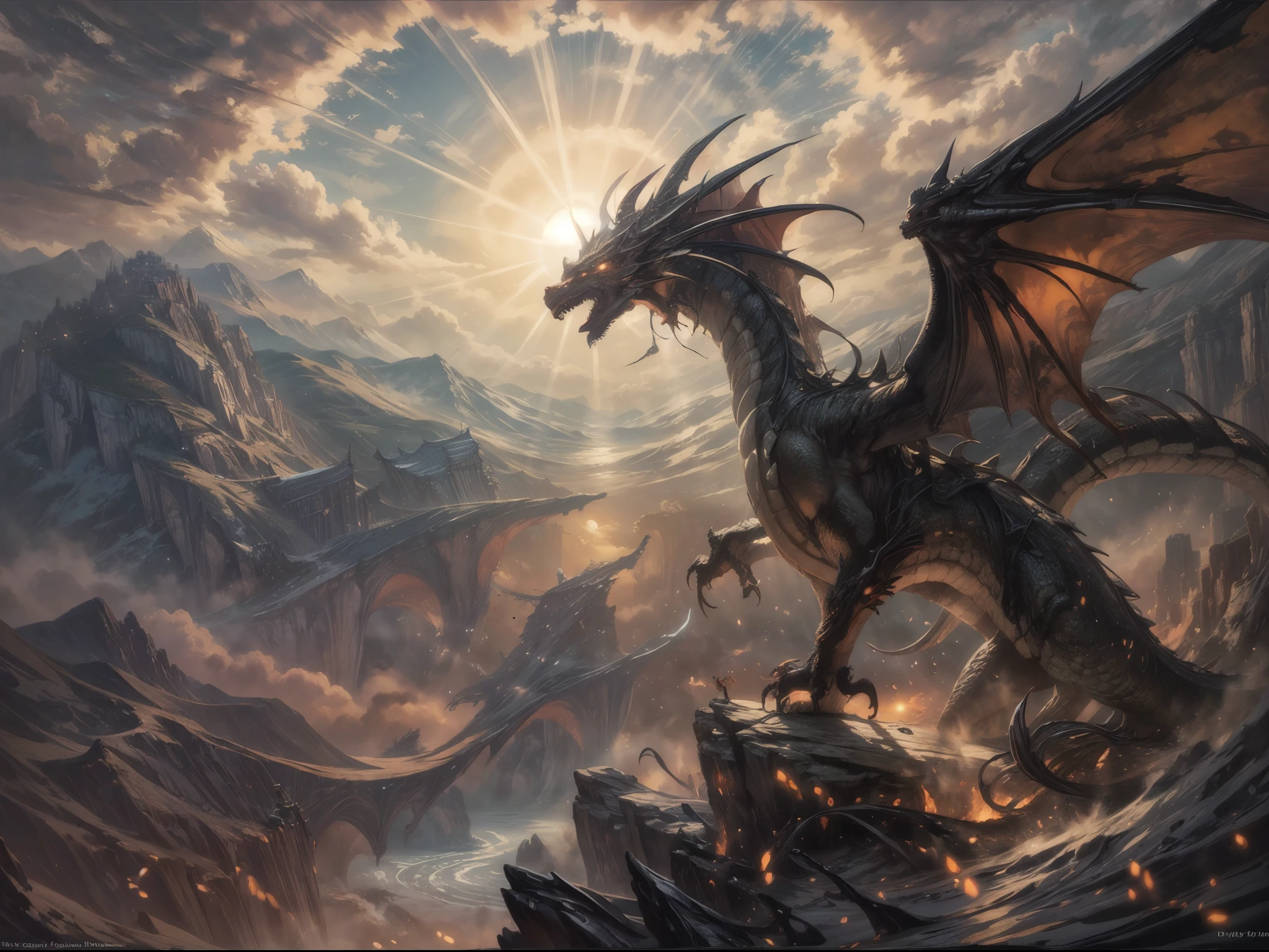 antasy art, dnd art, RPG art, wide shot, (masterpiece: 1.4) a shadow of a dragon that spread his wings on top of a mountain as the sun rises behind him. reflection light, high details, best quality, 16k, [ultra detailed], masterpiece, best quality, (extremely detailed), the sun (cast a shadow behind the dragon: 1.5), sun rays, clouds, ultra wide shot, photorealistic, RAW, fantasy art, dnd art, fantasy art, realistic ar