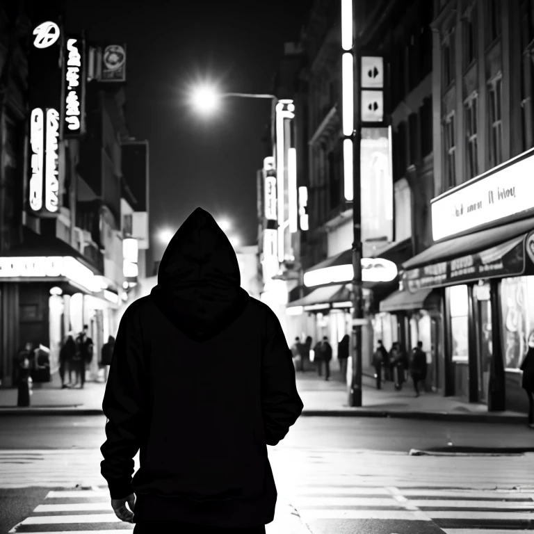 (fantasy, black and white) A mysterious faceless man wears a hoodie with glowing neon eyes as he roams a lonely, silent city at night.