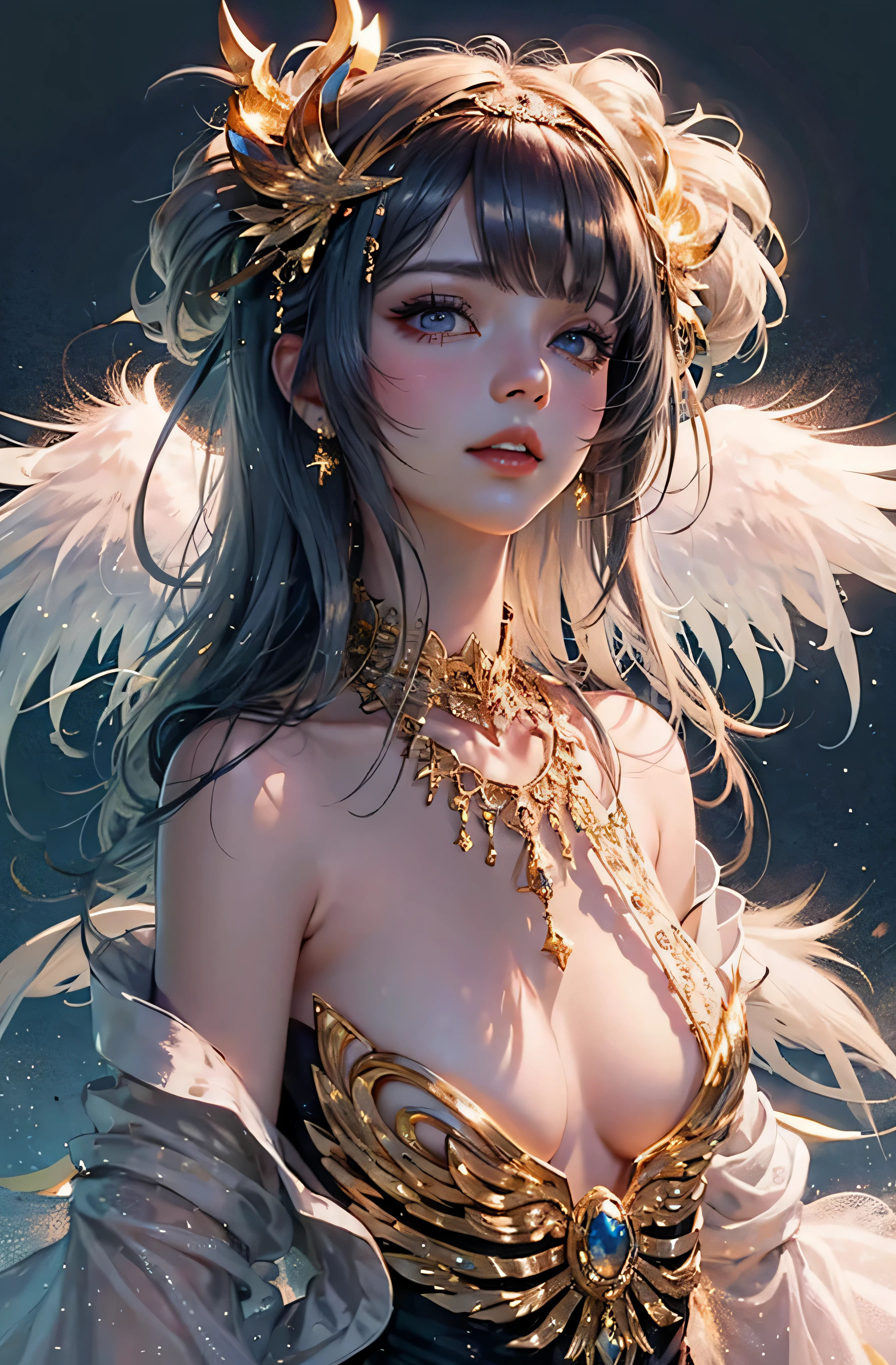 Castle in the distance、The face is front、Looking at the camera、profile、8K、realphoto、超A high resolution, Master Parts, Best Quality, nffsw , cinematic images,Lovely girl、ann、16 only、annグロサクソン、二重まぶた、drooing eyes、Very big eyes、Eyes purple、Dark eye shadow、The lips are very thin、The tip of the nose stretches beautifully...................................................、small nostrils,,,,, ighly detailed , Silver hair、Straight short hair、ssmile、 Sweet look 、)、Very clear shadows , jewely , A detailed eye, very intricate, shiny skins , パーフェクトブリリannト, Perfect Lighting, Dramatic shadows、White tiara on head、Gold necklace around the neck、White aristocratic dress with gold embroidery、Glass High Heels、Angel White Wings