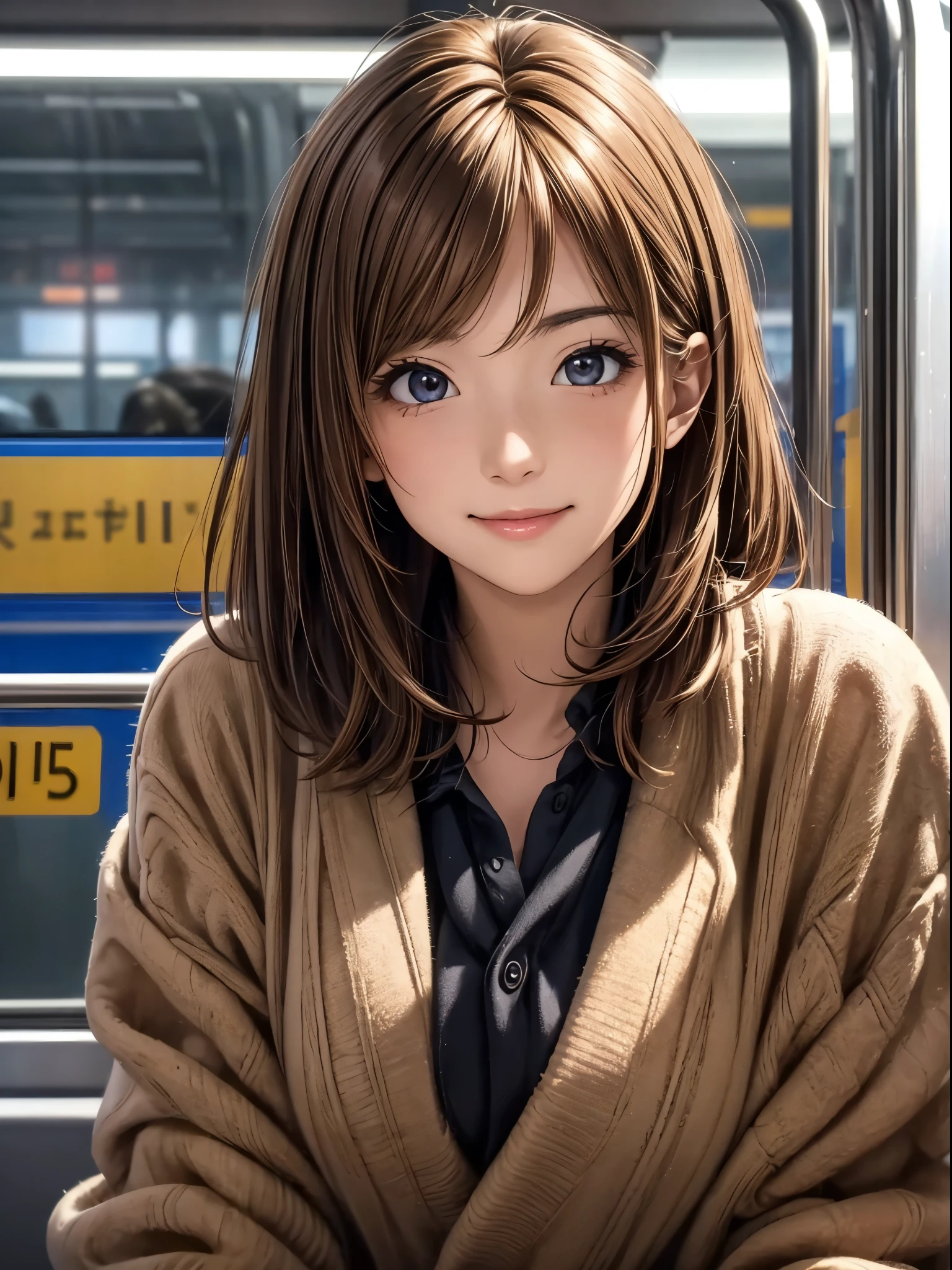 ((masterpiece)), ((best quality)), (ultra-detailed), ((extremely detailed)), 4K, (8K), best quality, (beautiful), anime style, full body, focus on the face, full body focus, In a crowded train, a cute girl, 1girl, solo, school uniform, young entertainer, beautiful light brown hair, beautiful brown eyeeautiful eyes)), short hair, light smile, shiny-glistening, gleaming,professional lighting