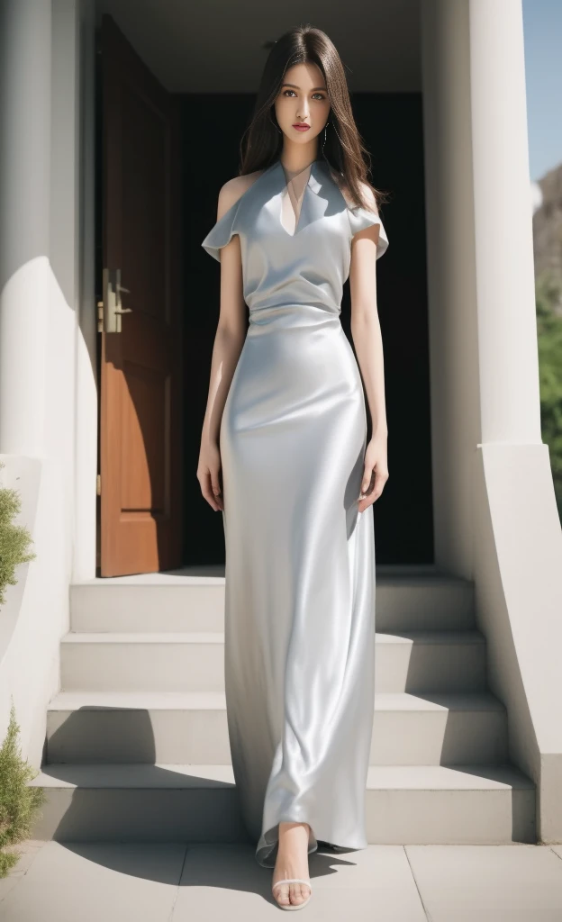 a woman in a long dress standing on a set of steps, soft silk dress, wearing an elegant dress, tall thin beautiful goddess, mercury dress, long dress, elegant dress, with a thin waist, elegant fashion model, sophisticated dress, silk dress, long dress female, wearing a long dress, beautiful silky dress, transparent gray dress, cheongsam, wearing silver dress