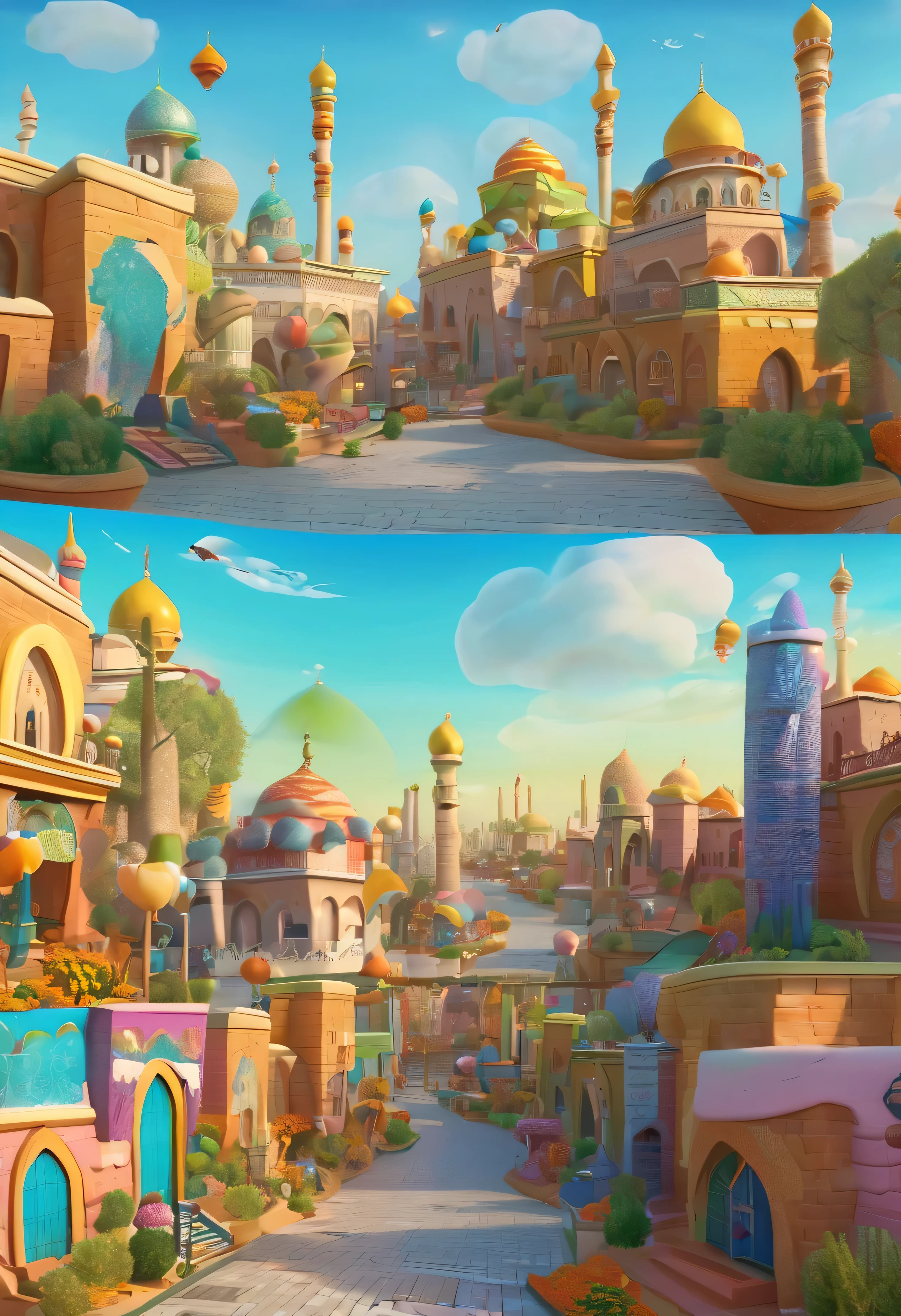 the city of mashhad,computer-generated 3d pixar backgrounds cheerful and full color, without any person,cartoonic