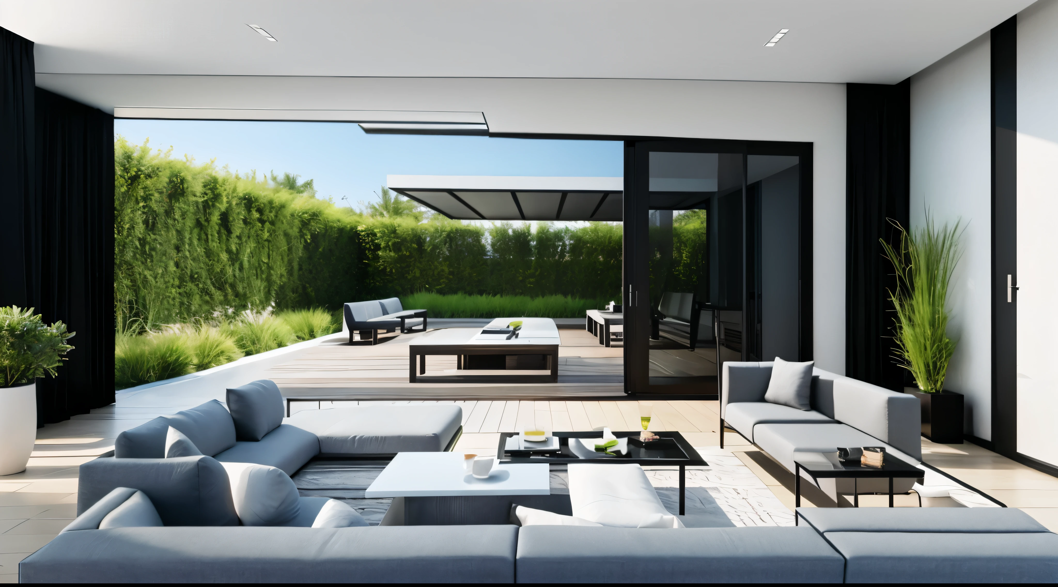 You are a famous interior designer、You have been asked to create a 3D image of a modern large room. Create a harmonious environment with modern and minimalist furniture. Including garden interior.