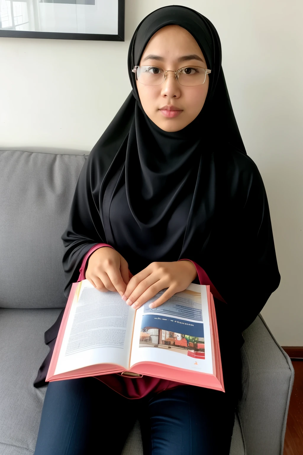 A malay girl, wear hijab, glassess, sitting on chair at home, sulky face