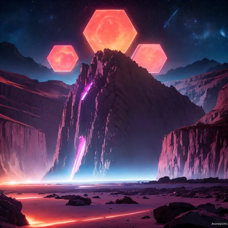 Strange photos of heavy metal planetary clouds, Electron microscopy photography, Tissue engineering, Infrared spectroscopy, Statistical mechanics, Dada Photo Montage, future proposals, Mark Caseley, quantum level ,Light orange style,Purple pink series,Alien Hexagonal Base (Nipples are very delicate) In a hexagonal mountain oasis,There are several hexagonal exhaust fans and chimneys, some neon lights project from the base,Light up the night), There are some clouds in the night sky, Some surrounding planets provide air to unknown planets,The most remote giant hexagonal volcano erupts,the rainforest