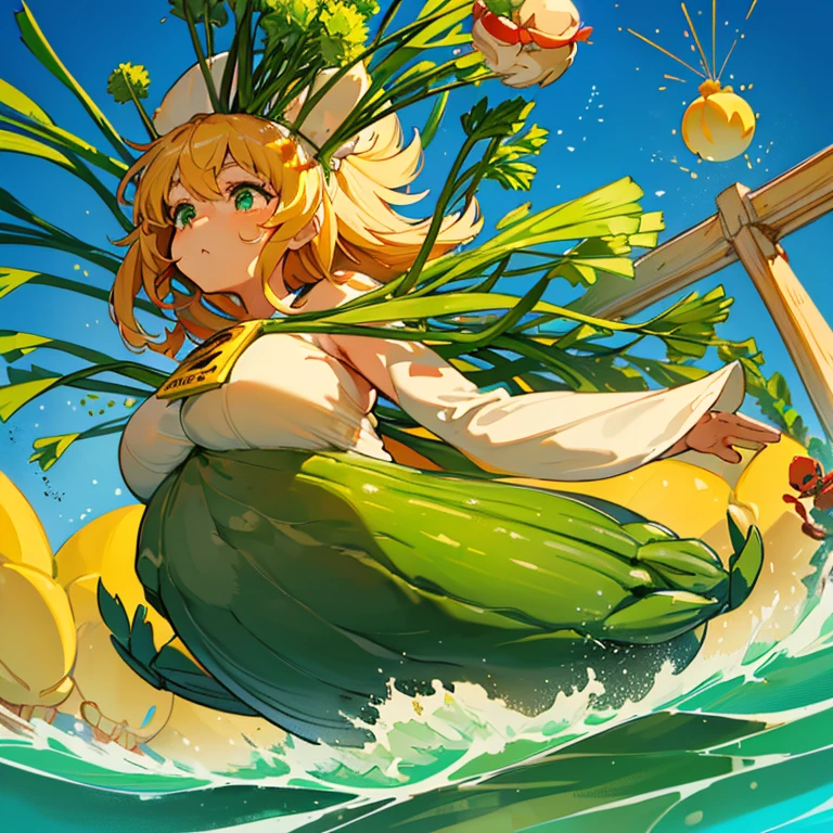 A mustard girl floats with a procession of oversized fresh spring roll balls.、Amazing dynamism、Amazing Angle、unstable buoyancy sandstorm、(((Many friendly oversized green onions floating and branching out)))、(((surround each other&#39;bursting extra large crab)))