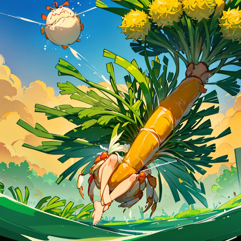 A mustard girl floats with a procession of oversized fresh spring roll balls.、Amazing dynamism、Amazing Angle、unstable buoyancy sandstorm、(((Many friendly oversized green onions floating and branching out)))、(((surround each other'bursting extra large crab)))