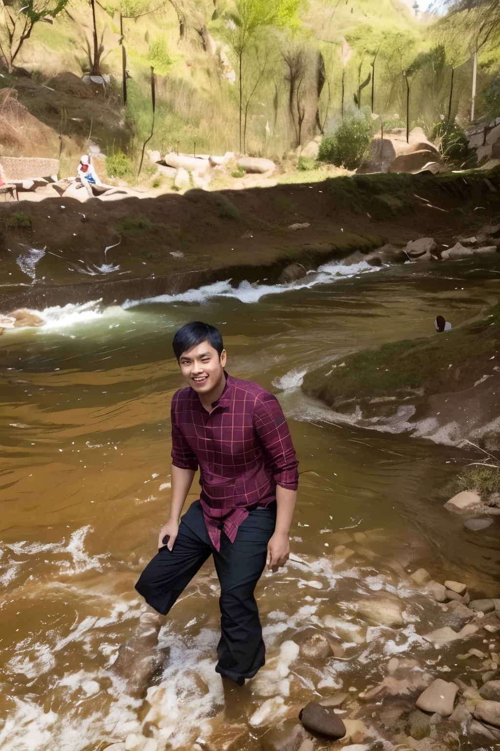 there is a man standing on a rocky bank by a river, river in front of him, peacefully drinking river water, river flowing beside the robot, river in the background, near a river, with a river running through it, ramil sunga, xiang duan, beside a river, lavs flowing through the land, next to a small river, help me